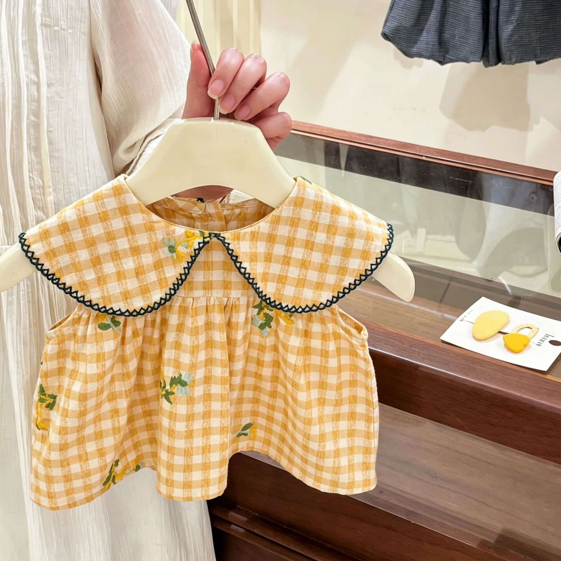 Baby& Kid Yellow Plaid Floral Pattern Collar Top and Pants Set