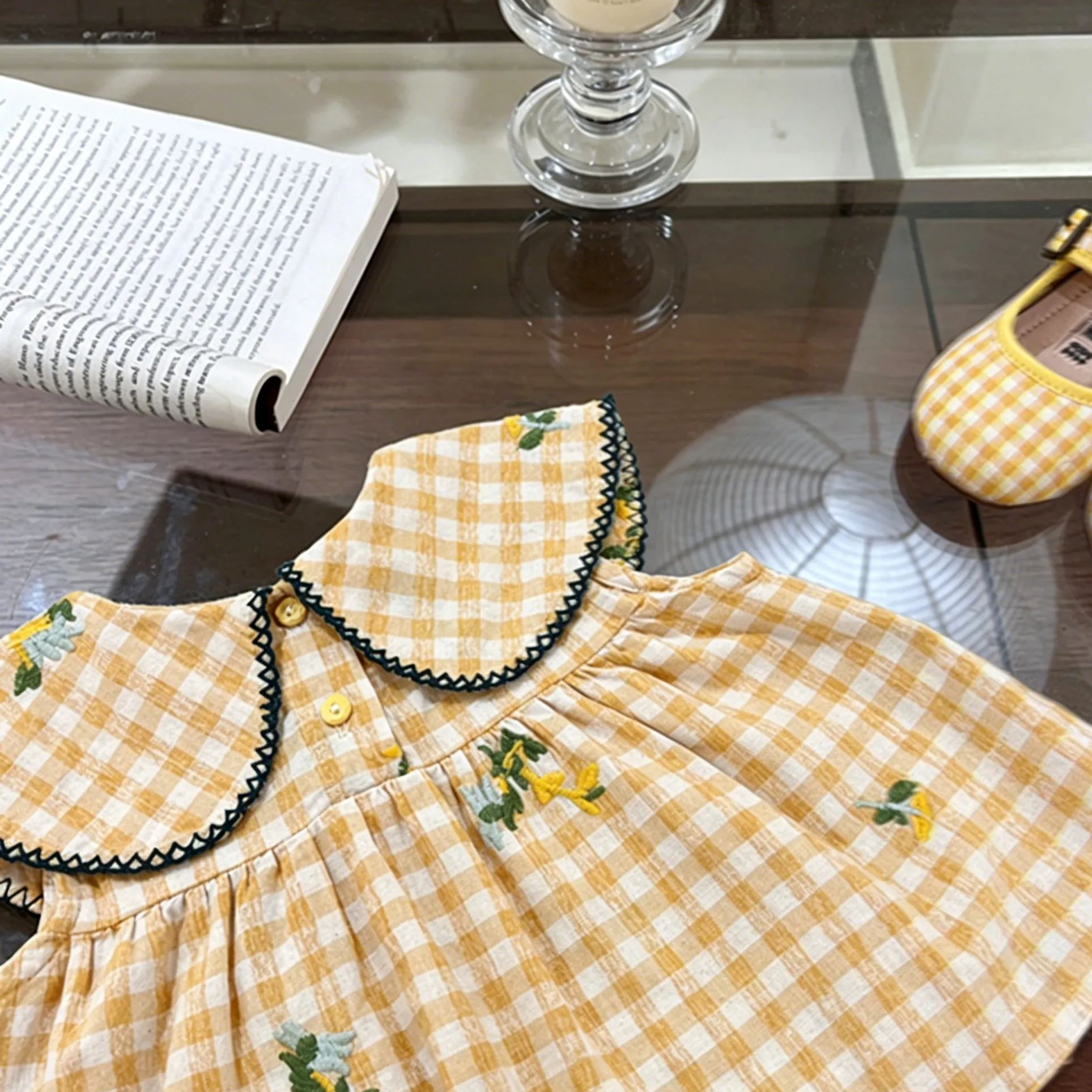 Baby& Kid Yellow Plaid Floral Pattern Collar Top and Pants Set