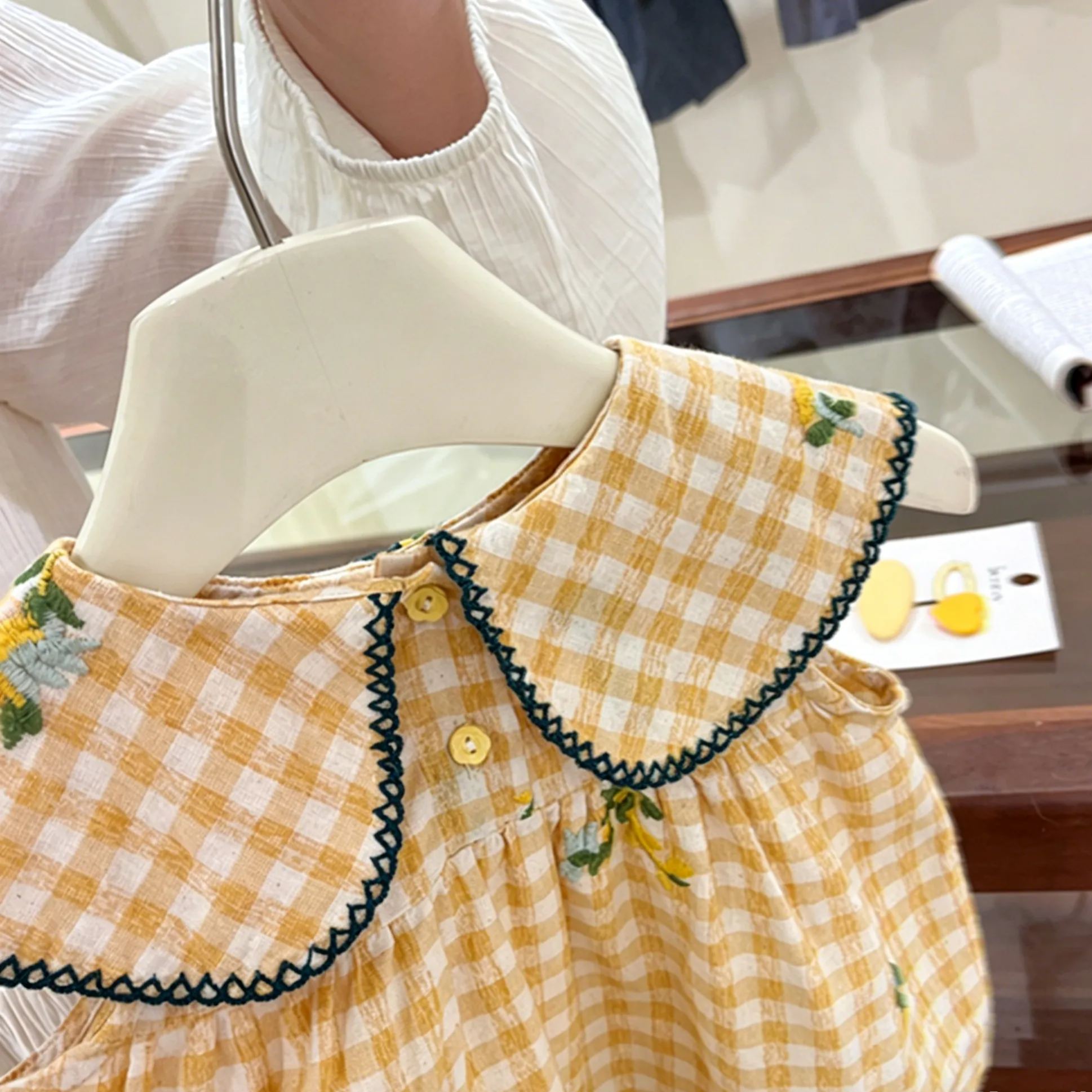 Baby& Kid Yellow Plaid Floral Pattern Collar Top and Pants Set