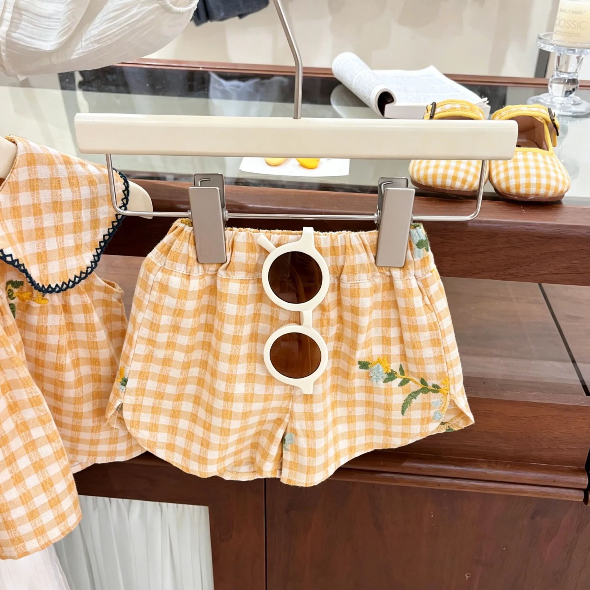 Baby& Kid Yellow Plaid Floral Pattern Collar Top and Pants Set