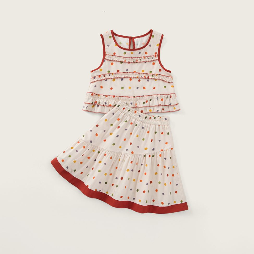 Kids Colored Dots Lace Vest Top and Skirt Set