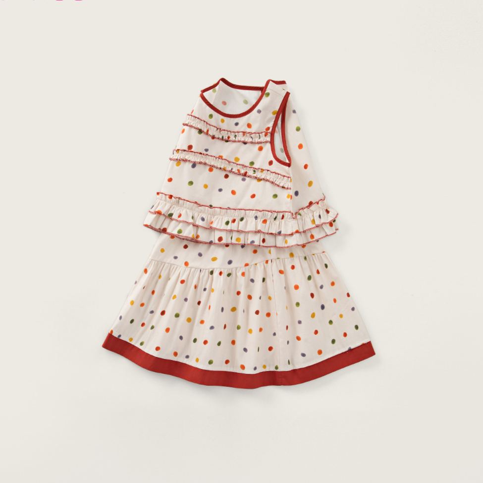 Kids Colored Dots Lace Vest Top and Skirt Set