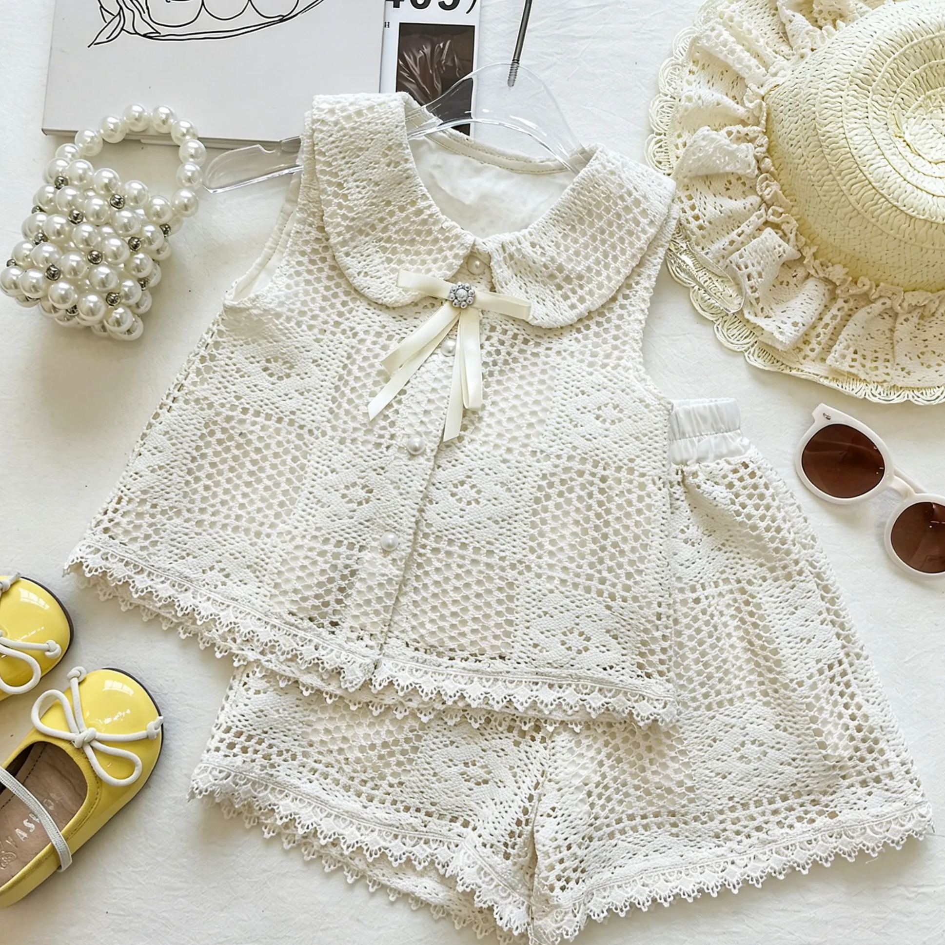 Kids Collar Openwork Lace Trim Bow Top and Pants Set