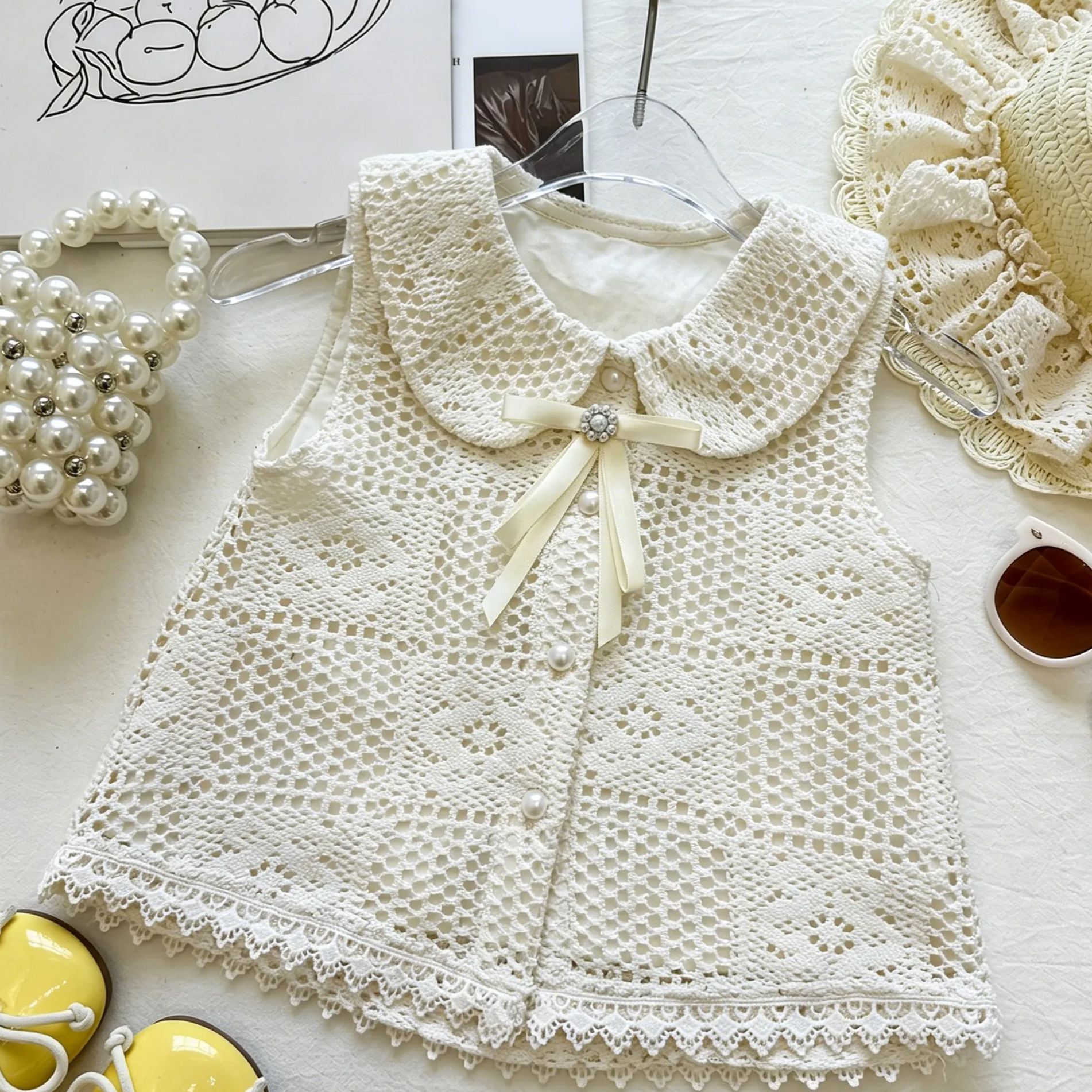 Kids Collar Openwork Lace Trim Bow Top and Pants Set