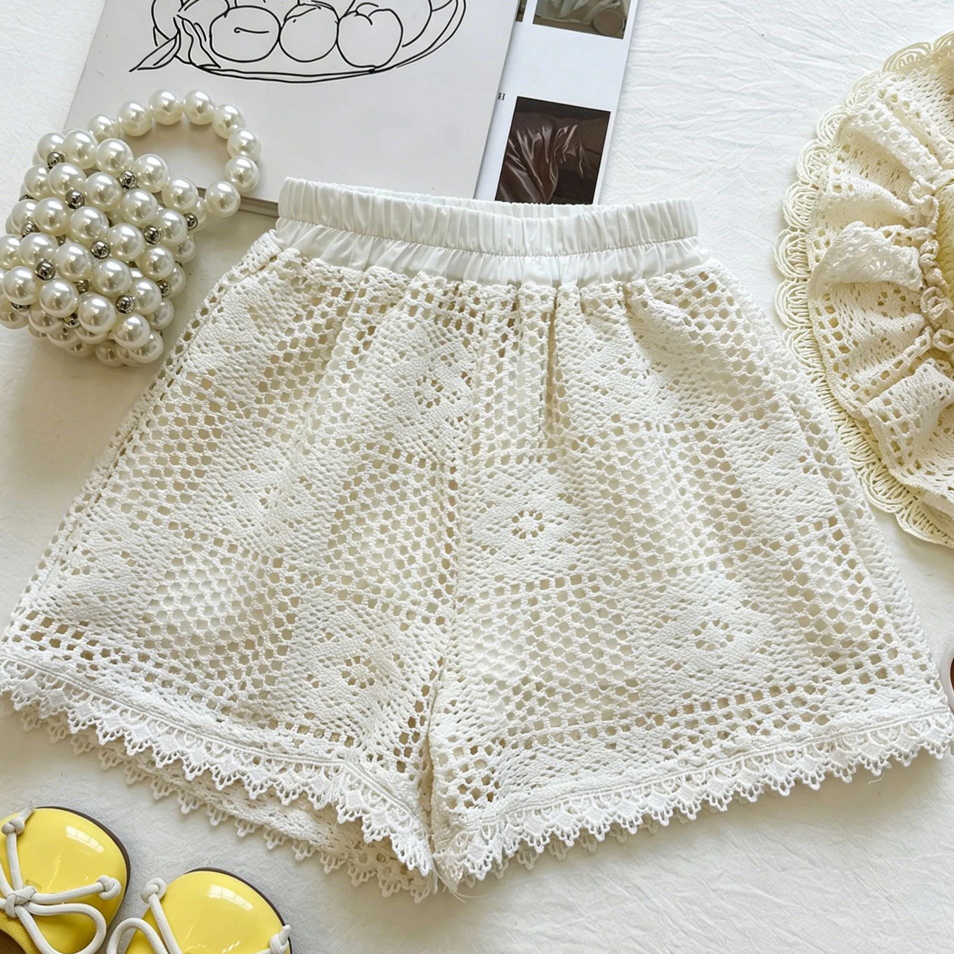 Kids Collar Openwork Lace Trim Bow Top and Pants Set