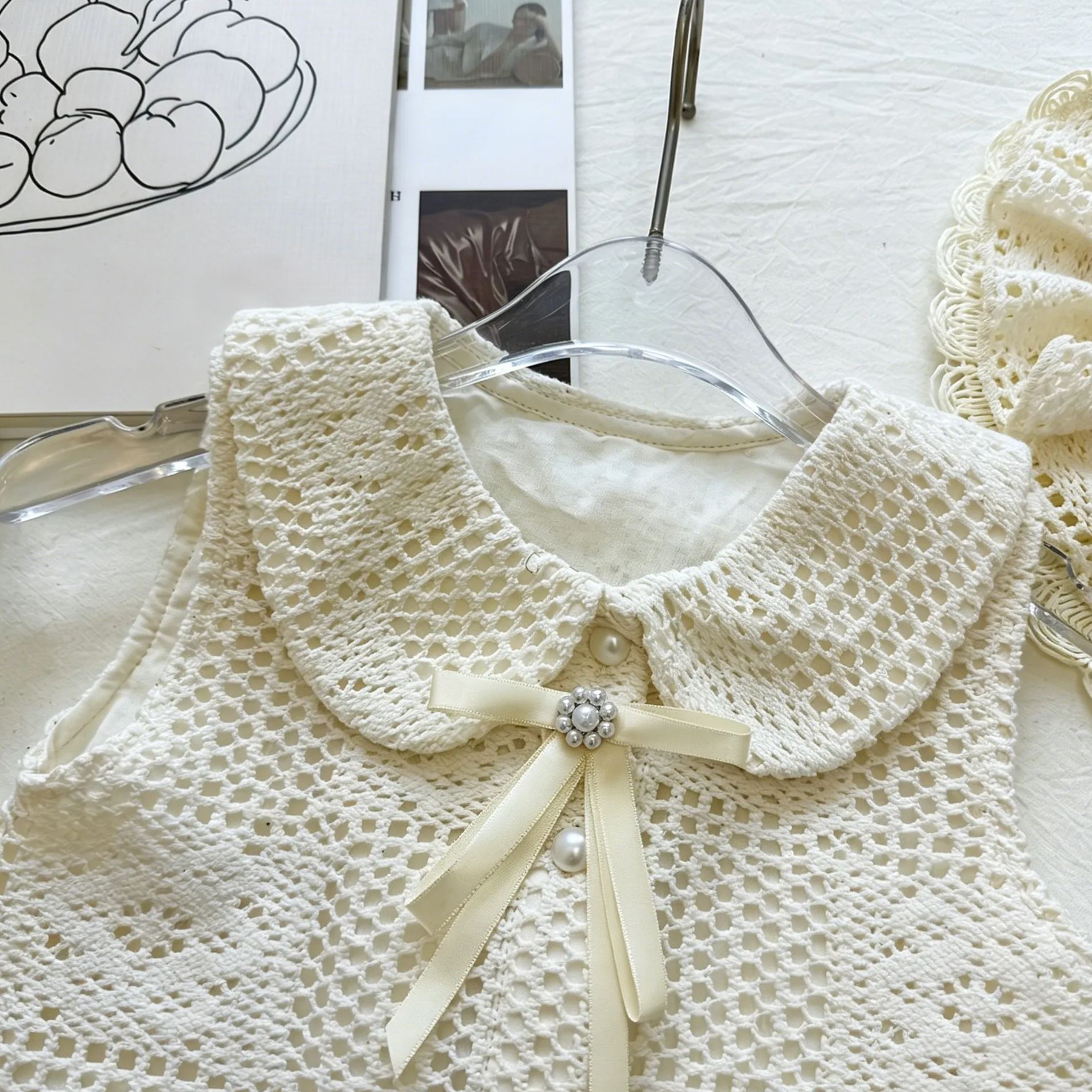 Kids Collar Openwork Lace Trim Bow Top and Pants Set