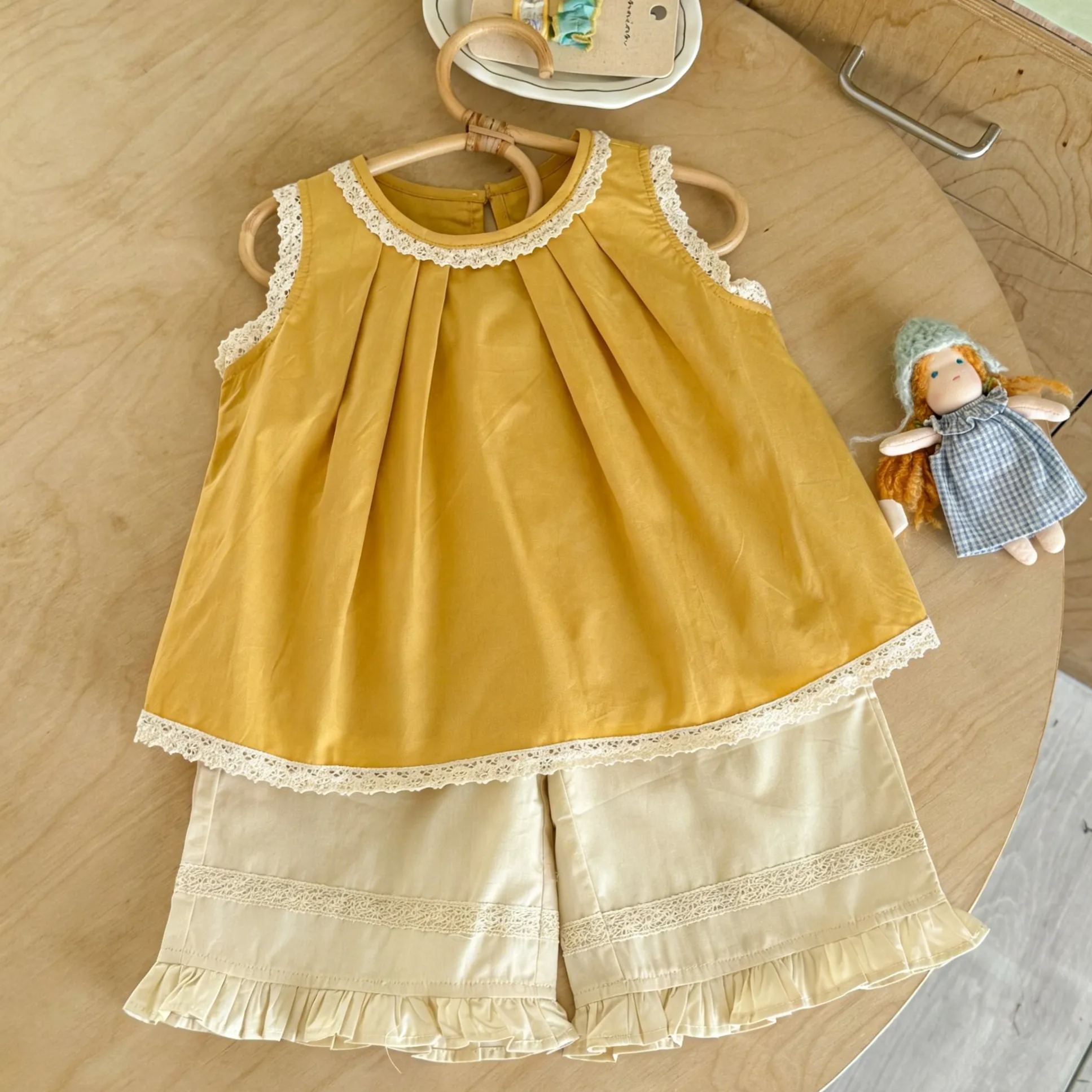 Kids Lace Trim Top and Ruffled Wide Leg Pants Set
