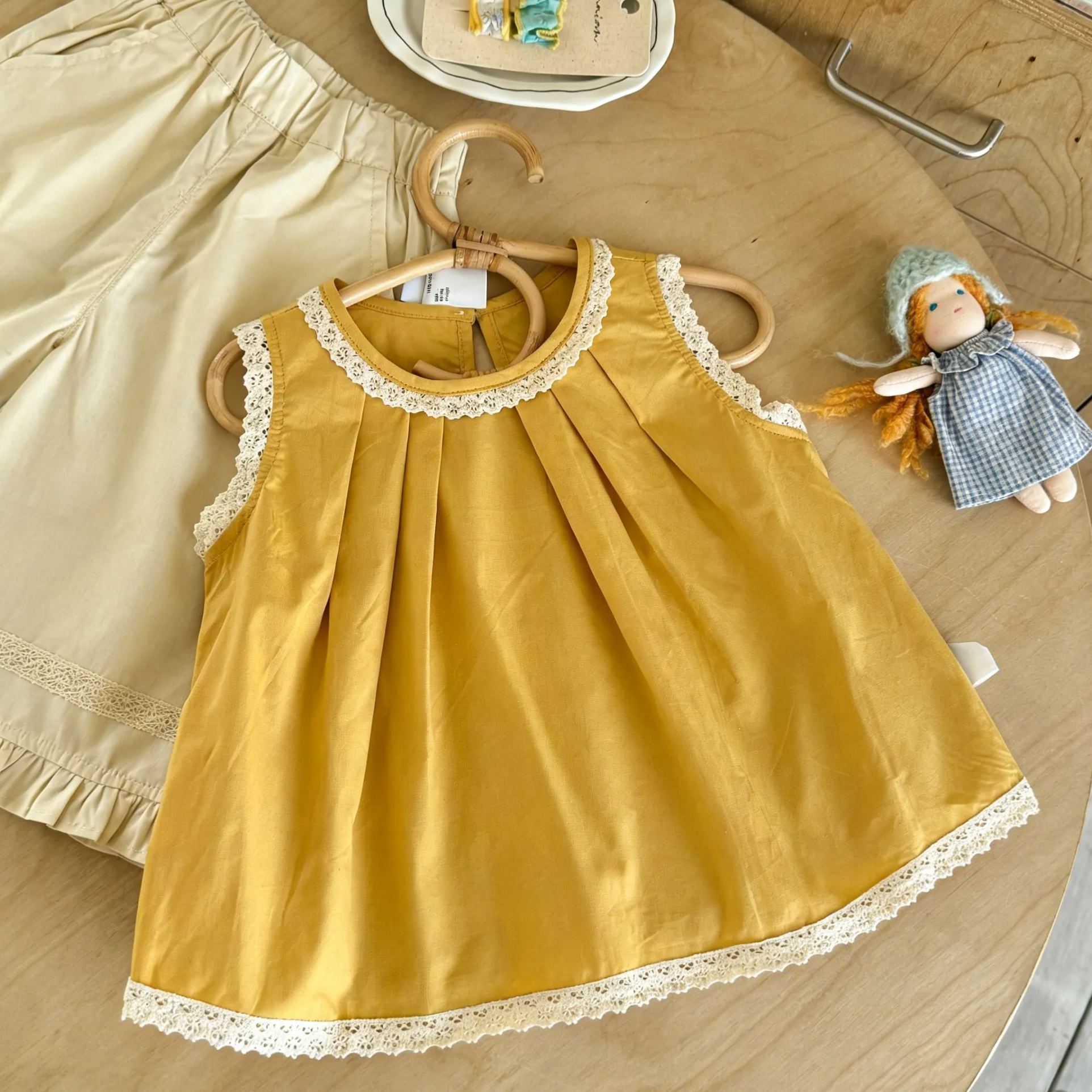 Kids Lace Trim Top and Ruffled Wide Leg Pants Set