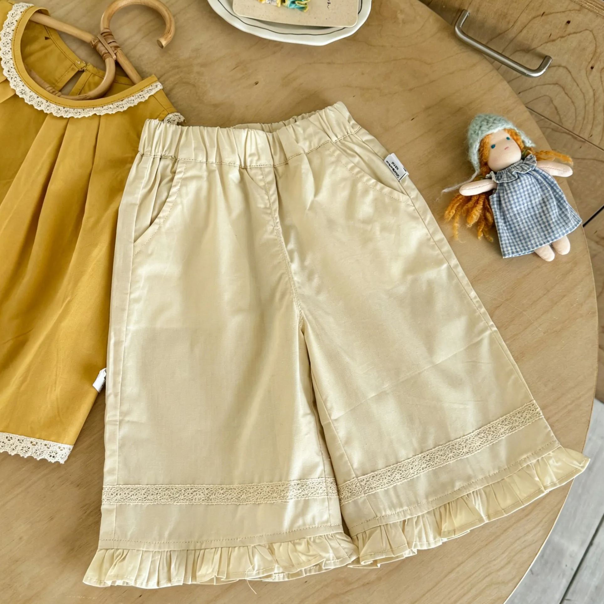 Kids Lace Trim Top and Ruffled Wide Leg Pants Set