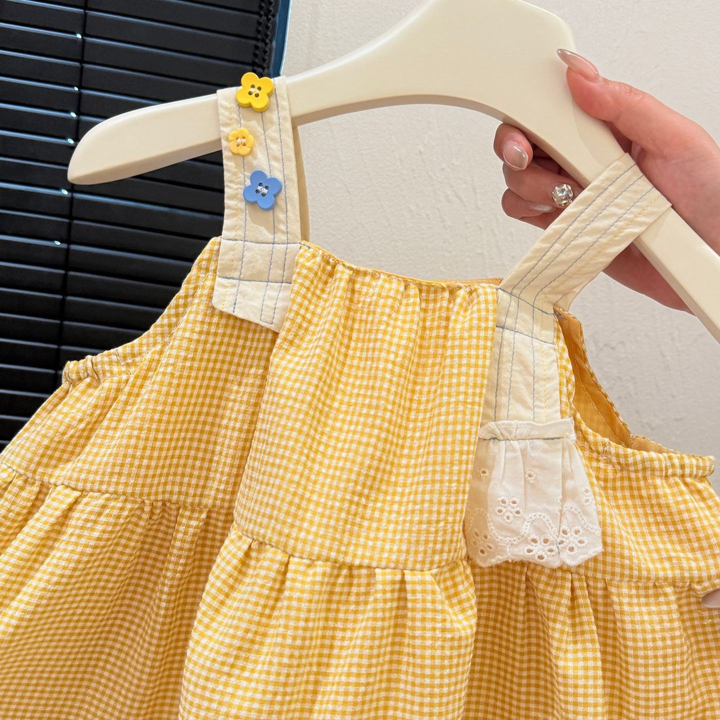 Kids Yellow Chessboard Flower Vest Top and Pants Set