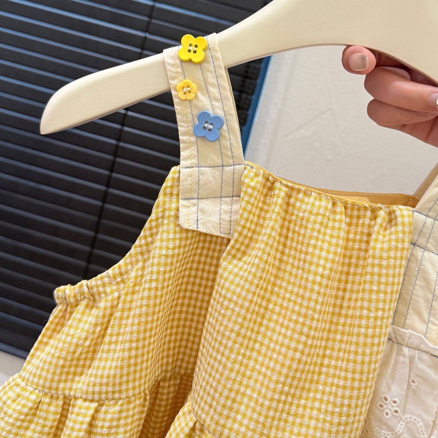 Kids Yellow Chessboard Flower Vest Top and Pants Set