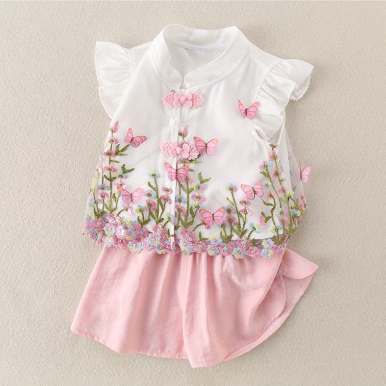 Baby Toddler New Chinese Style Butterfly Flower Top and Pants Set