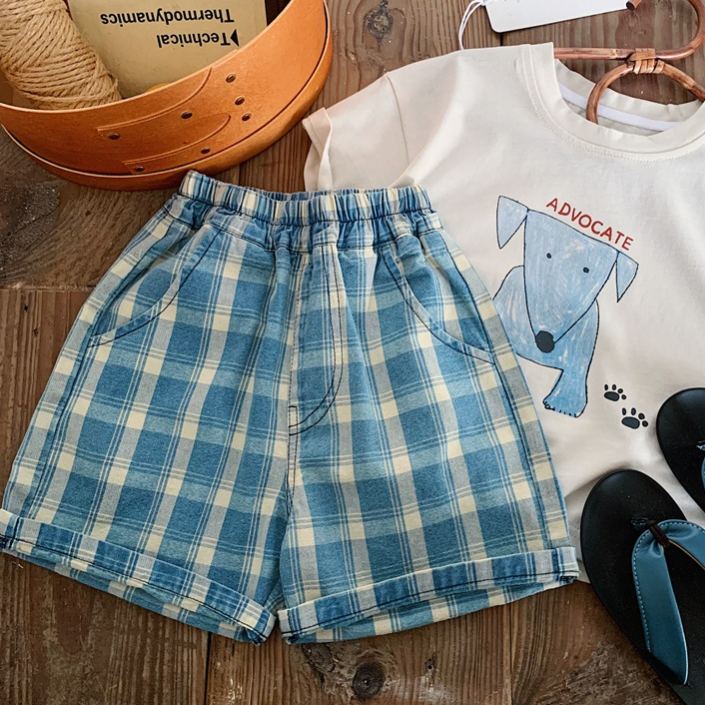 Kids Blue Plaid Jeans Pants
