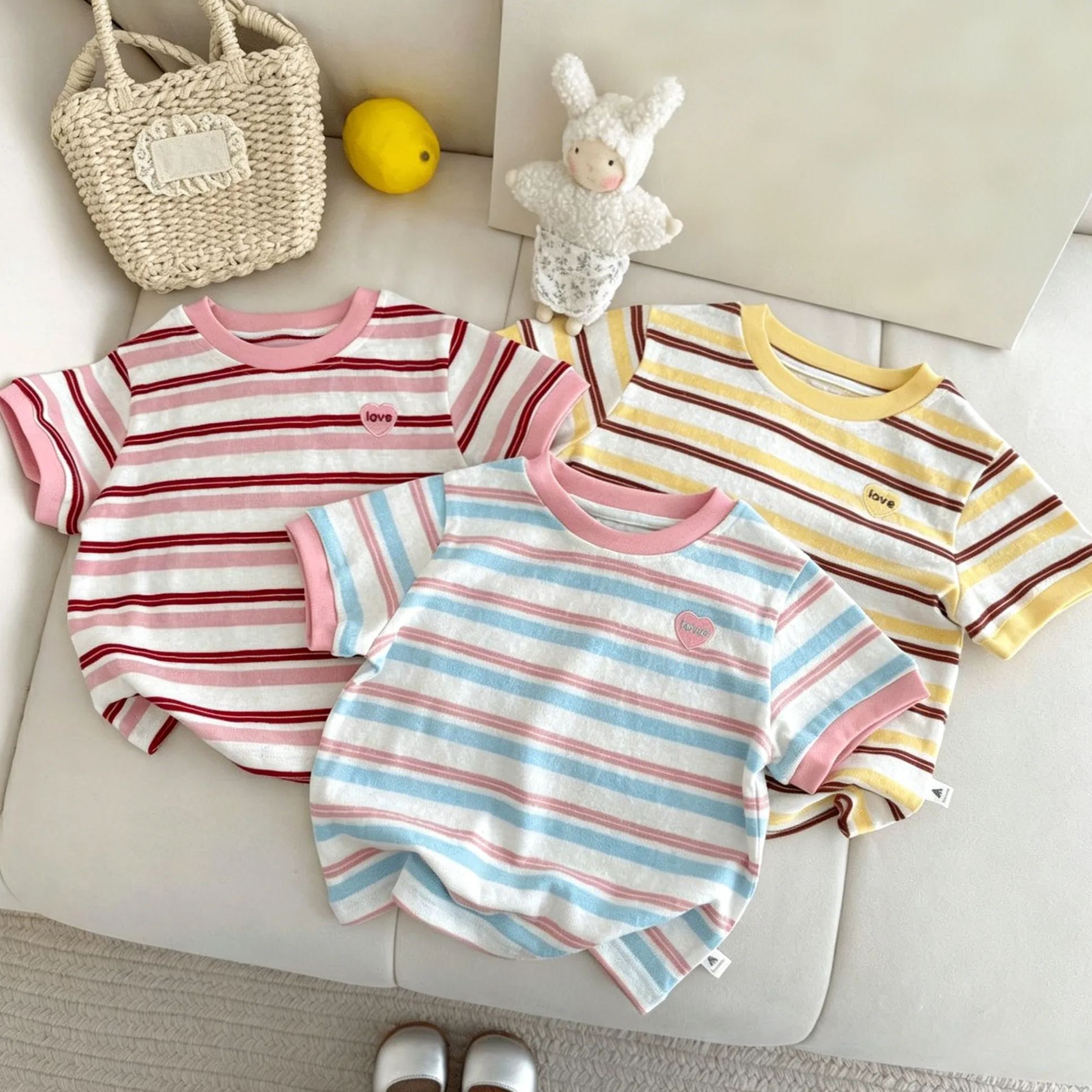 Kids Contrast-Collar Striped Heart Embroidery T-shirt Top