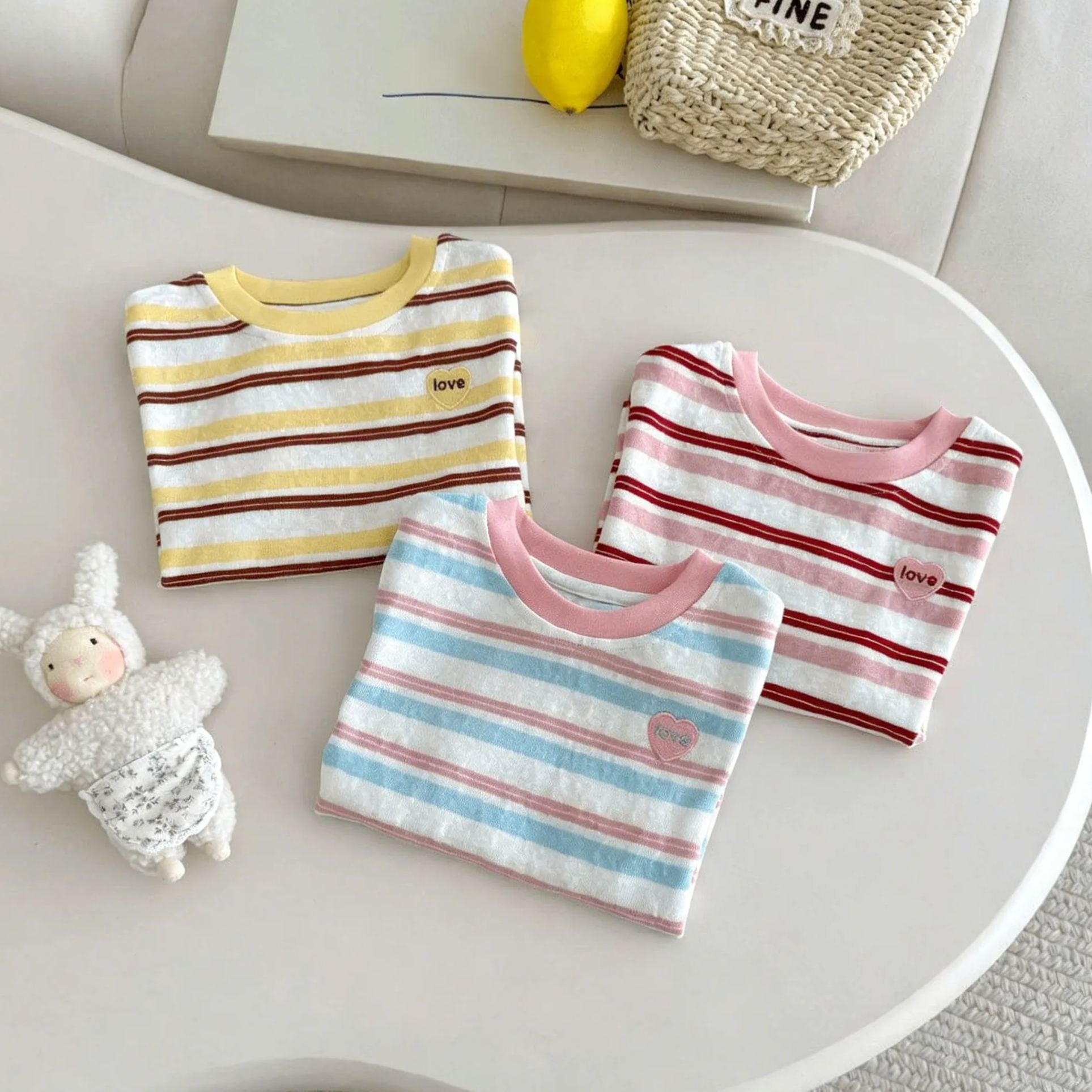 Kids Contrast-Collar Striped Heart Embroidery T-shirt Top