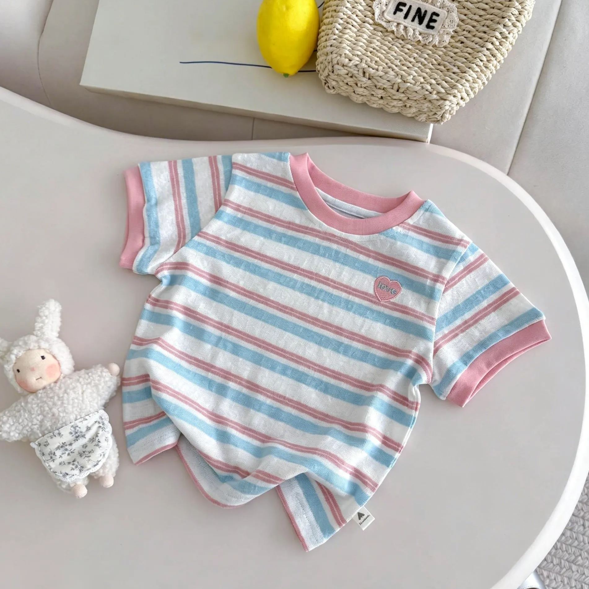 Kids Contrast-Collar Striped Heart Embroidery T-shirt Top