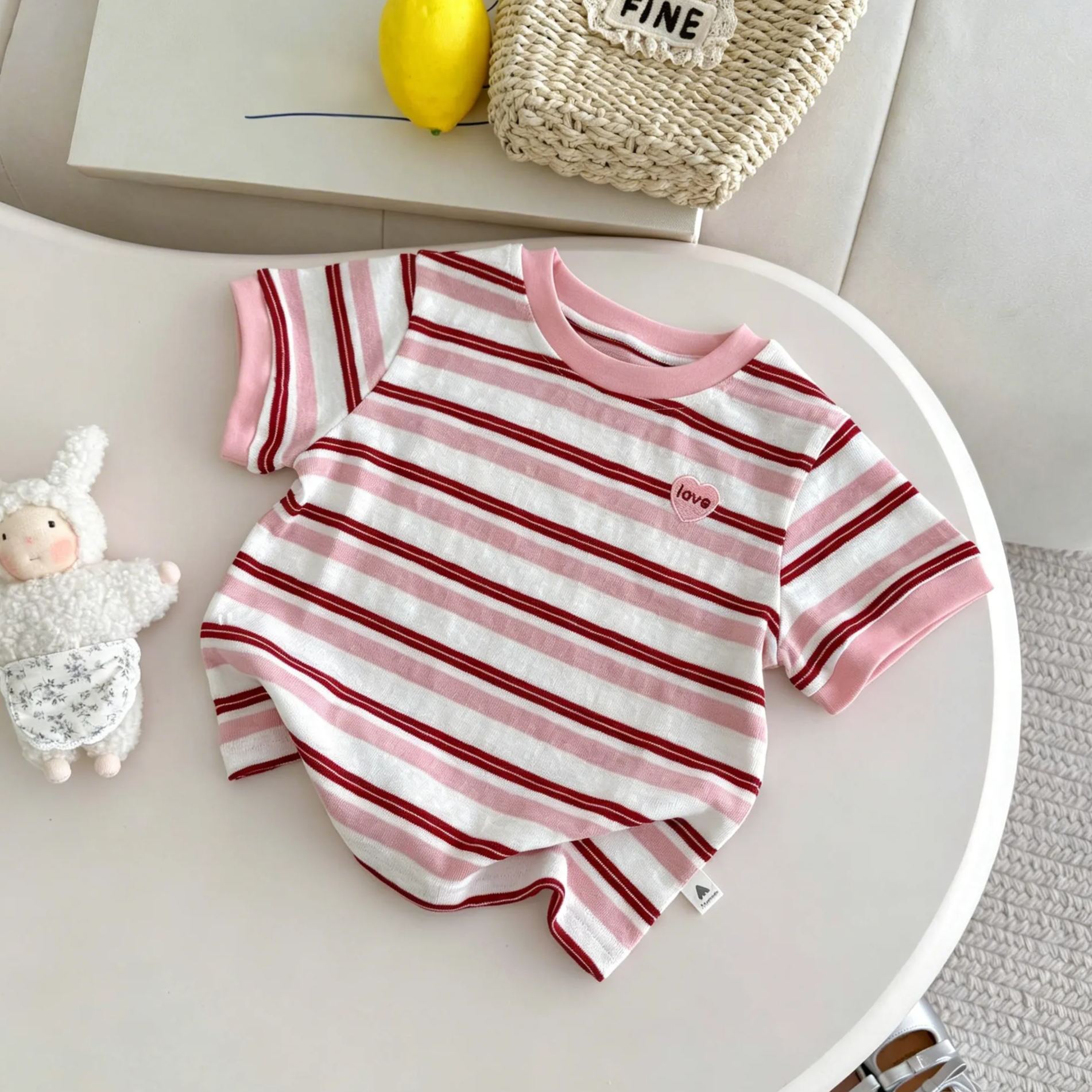 Kids Contrast-Collar Striped Heart Embroidery T-shirt Top