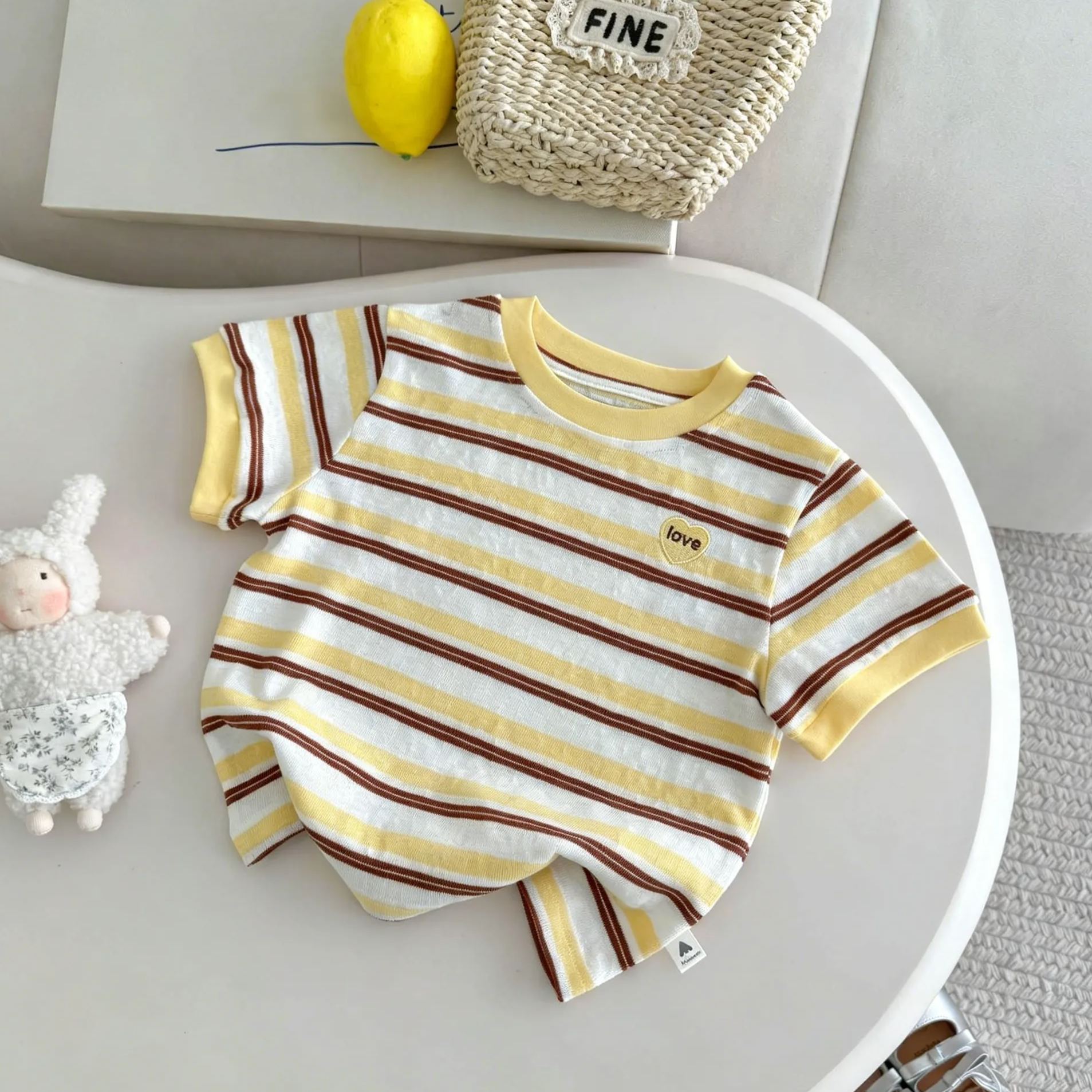 Kids Contrast-Collar Striped Heart Embroidery T-shirt Top