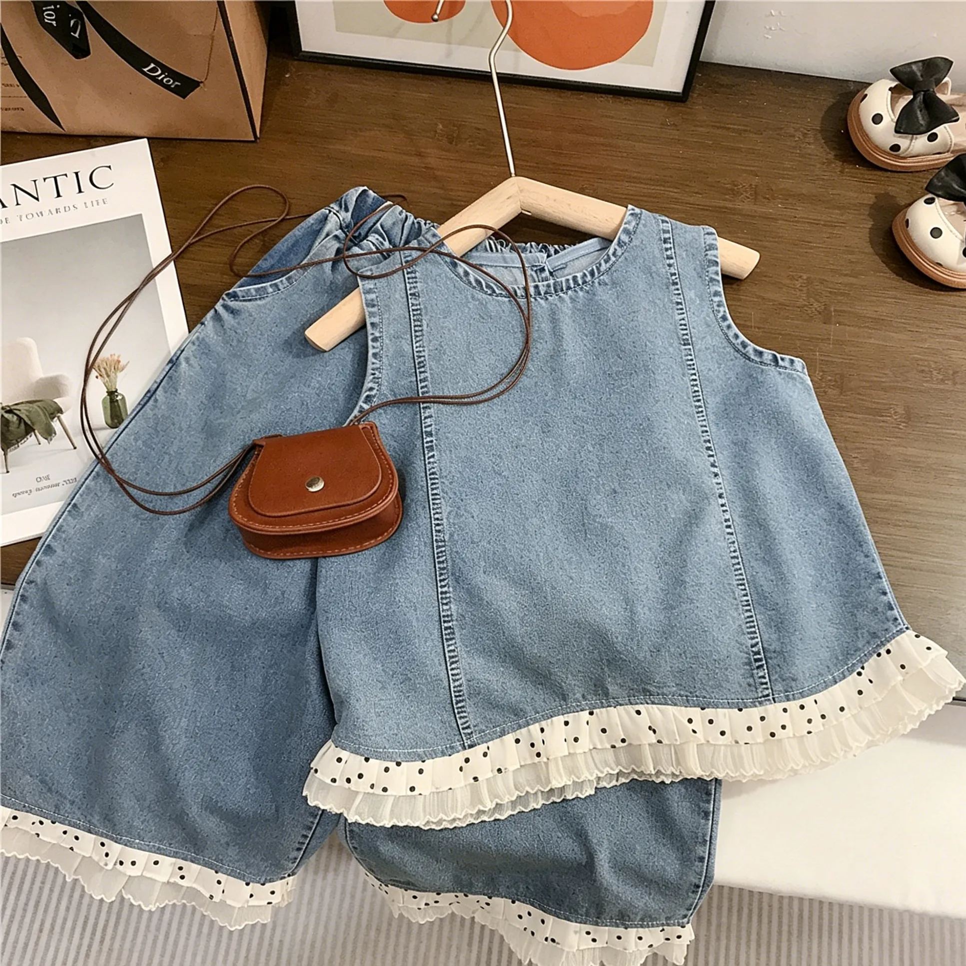 Kids Polka-Dot Lace Denim Top and Pants Set