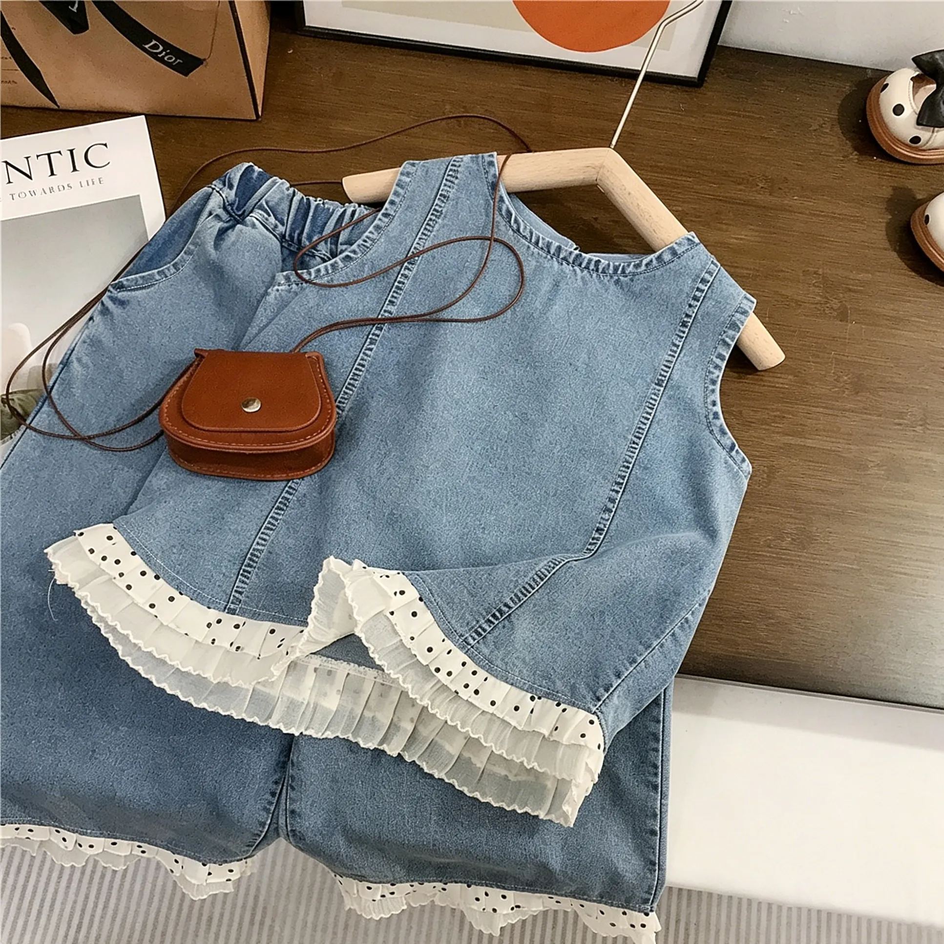 Kids Polka-Dot Lace Denim Top and Pants Set