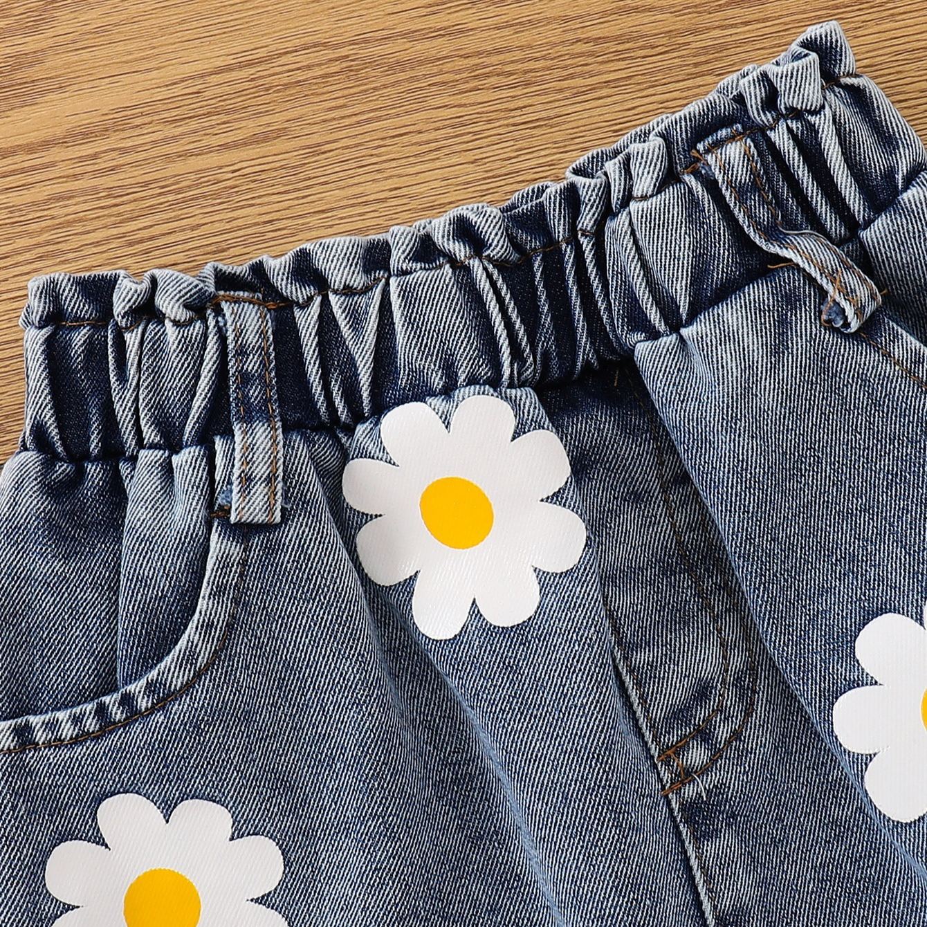 Kids Yellow Vest Flowers Top and Floral Print Denim Skirt 2-Piece Set