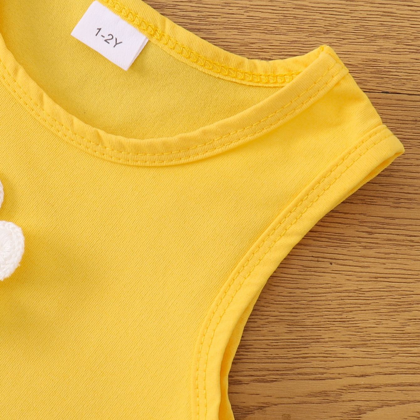 Kids Yellow Vest Flowers Top and Floral Print Denim Skirt 2-Piece Set