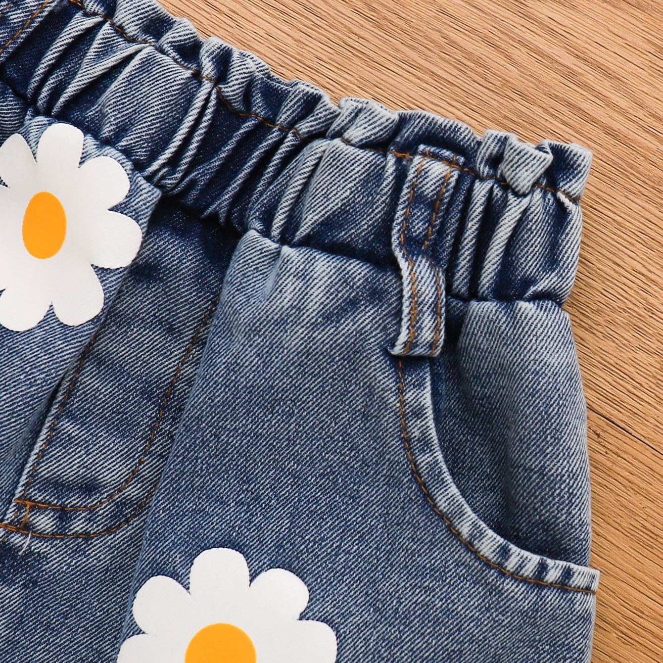 Kids Yellow Vest Flowers Top and Floral Print Denim Skirt 2-Piece Set