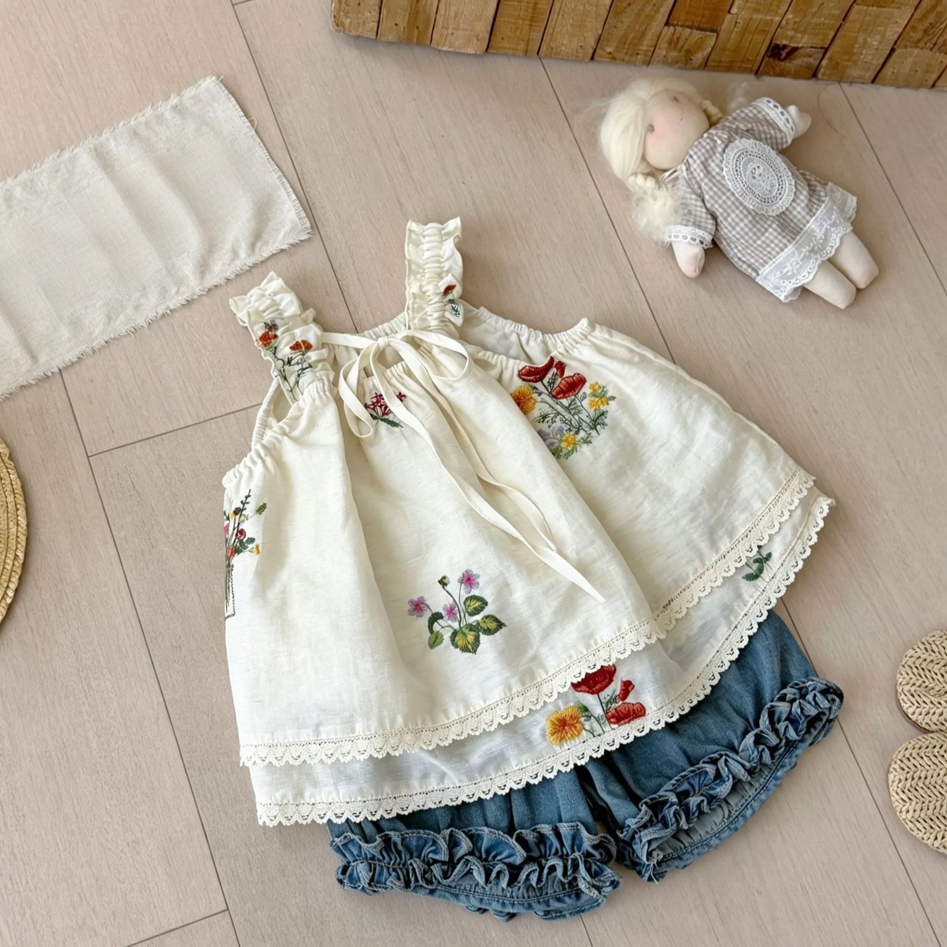 Kids Floral Embroidered Camisole Top and Lace Denim Pants Set