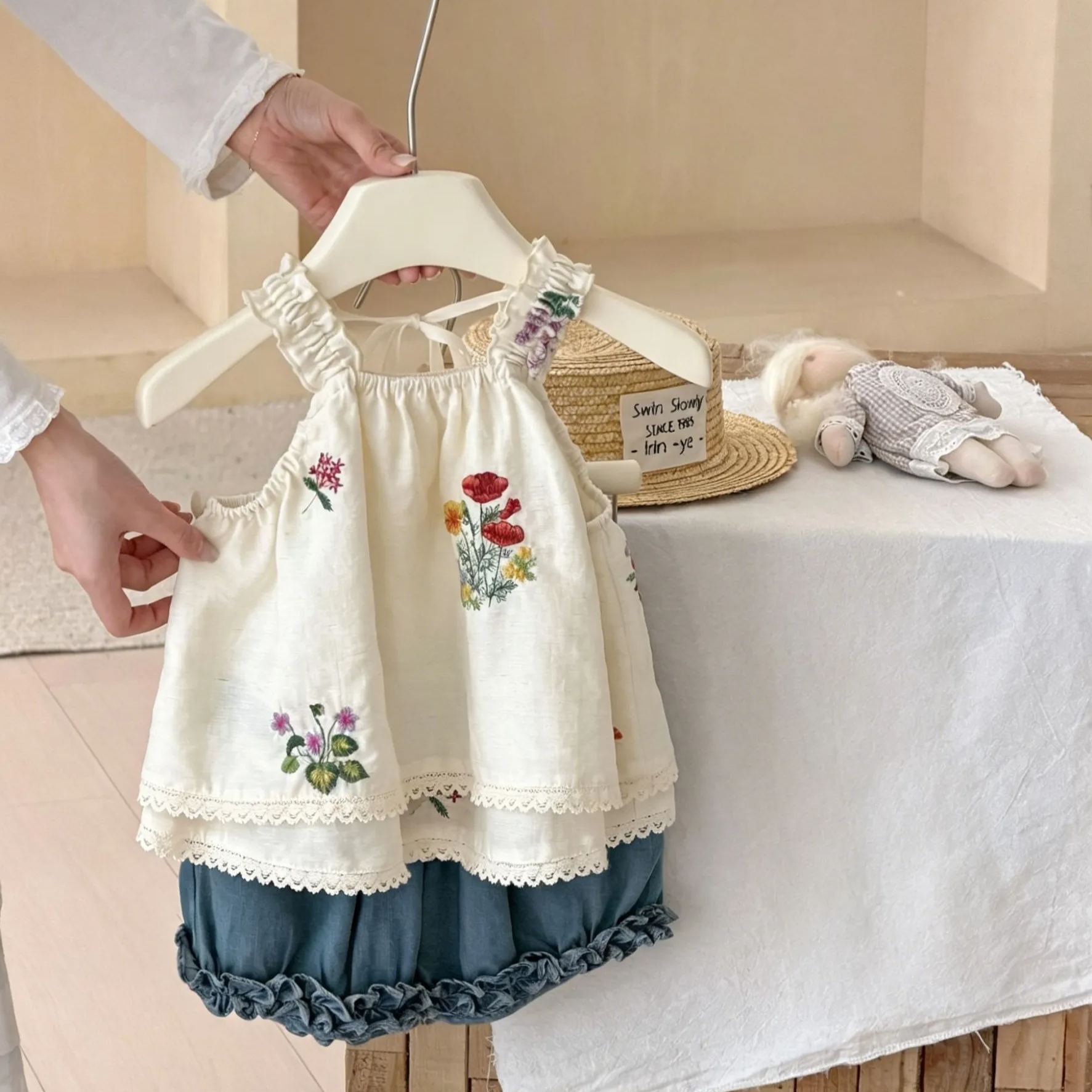 Kids Floral Embroidered Camisole Top and Lace Denim Pants Set