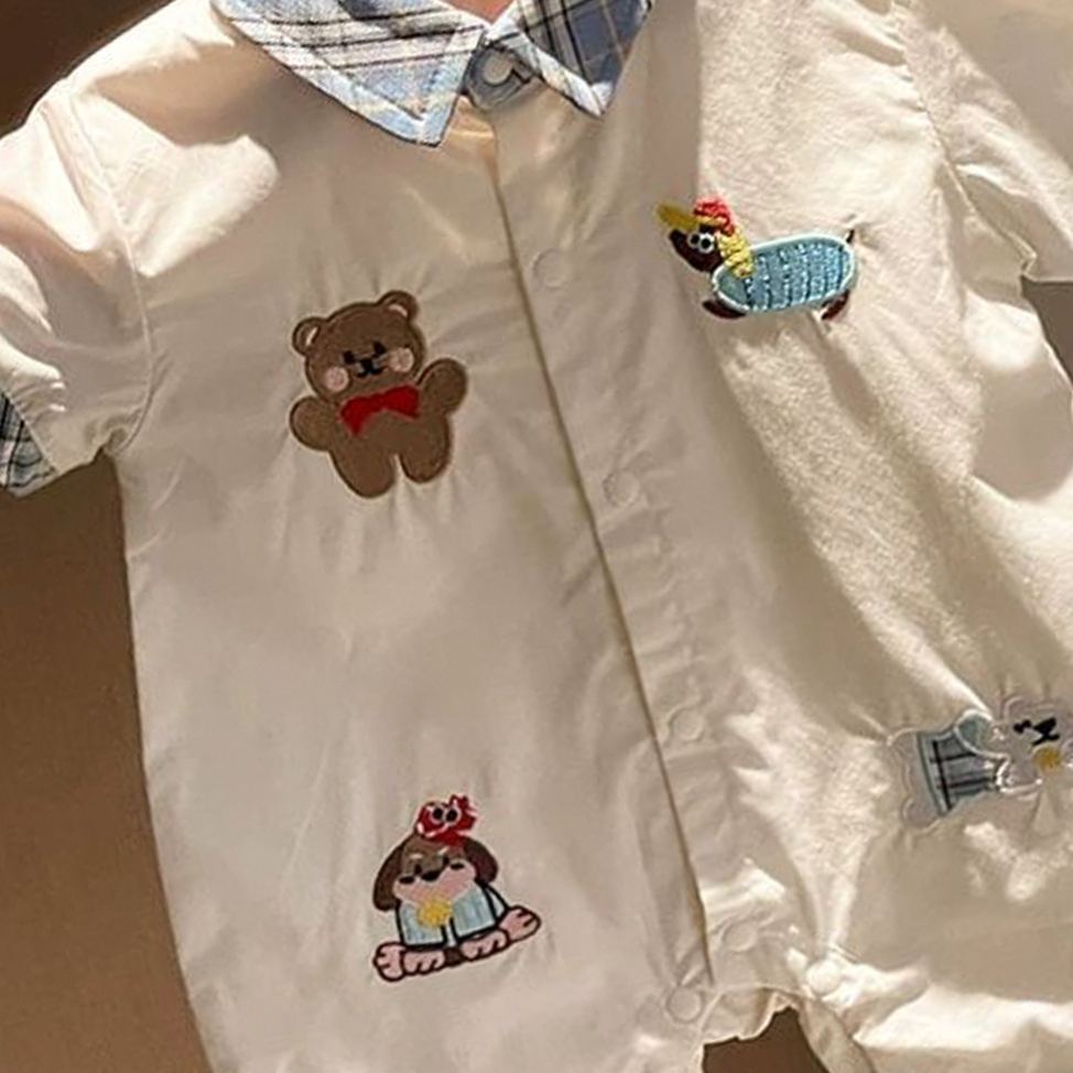 Baby Cartoon Bear Blue Plaid Collar Onesie