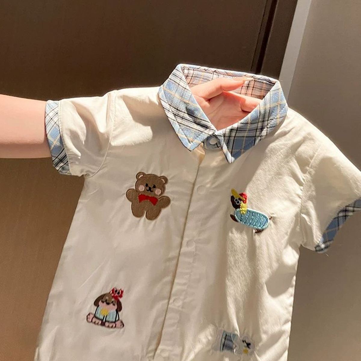Baby Cartoon Bear Blue Plaid Collar Onesie