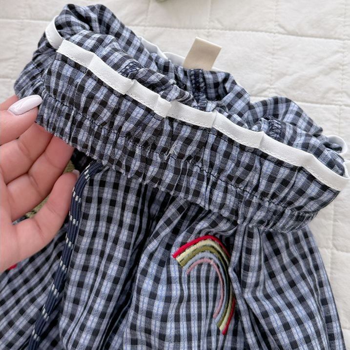 Kids Checkered Beach Style Embroidery Pattern Pants