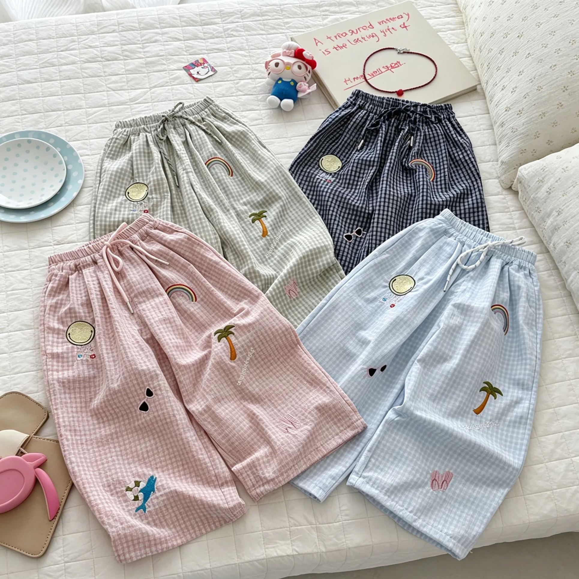 Kids Checkered Beach Style Embroidery Pattern Pants