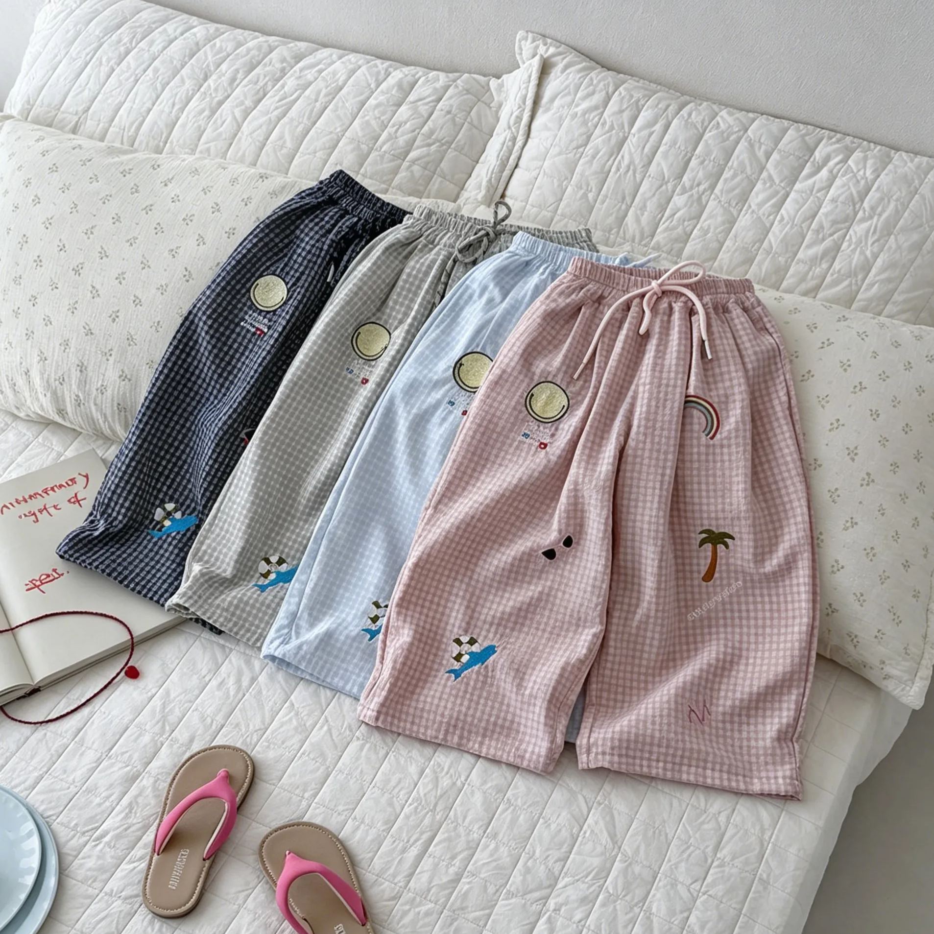 Kids Checkered Beach Style Embroidery Pattern Pants