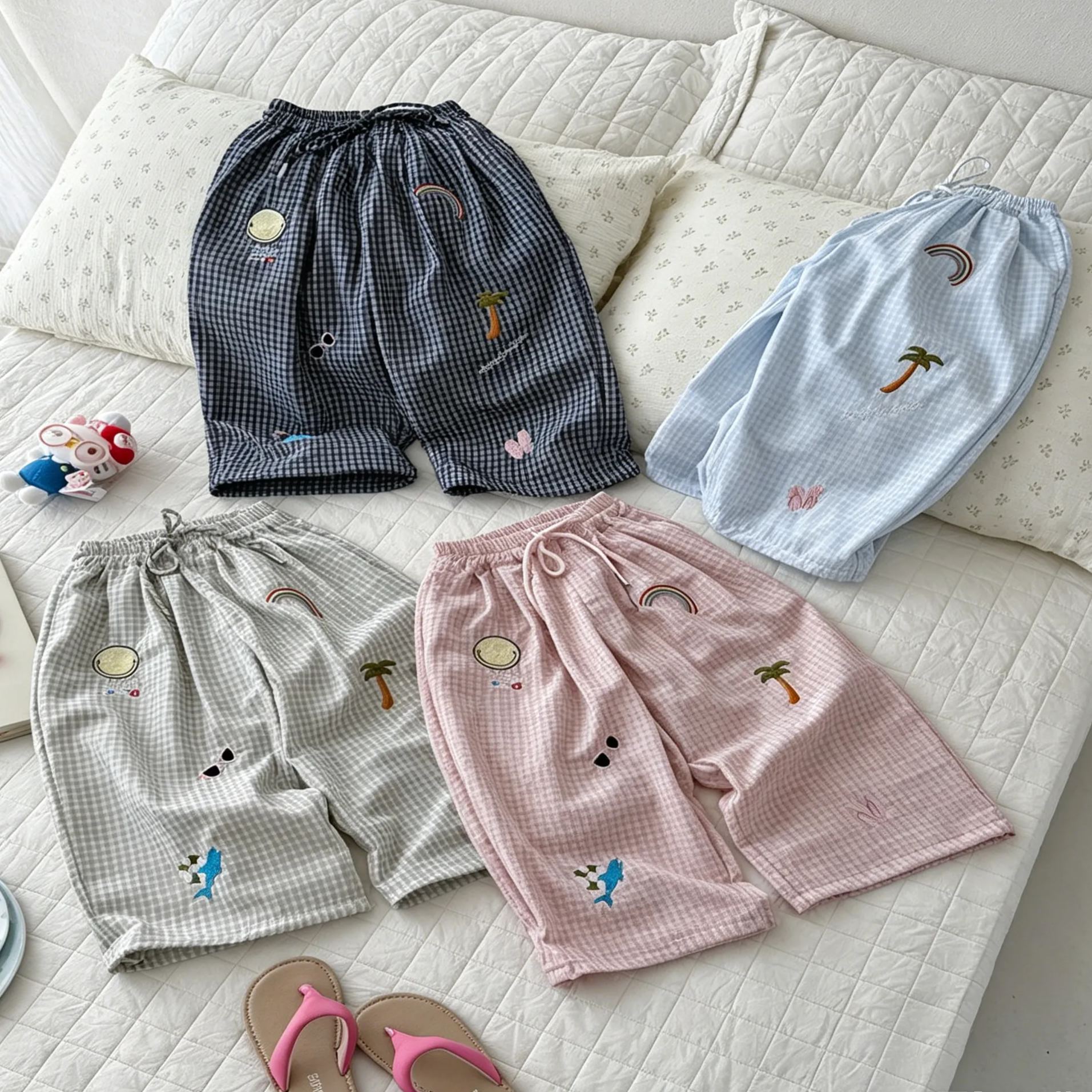 Kids Checkered Beach Style Embroidery Pattern Pants