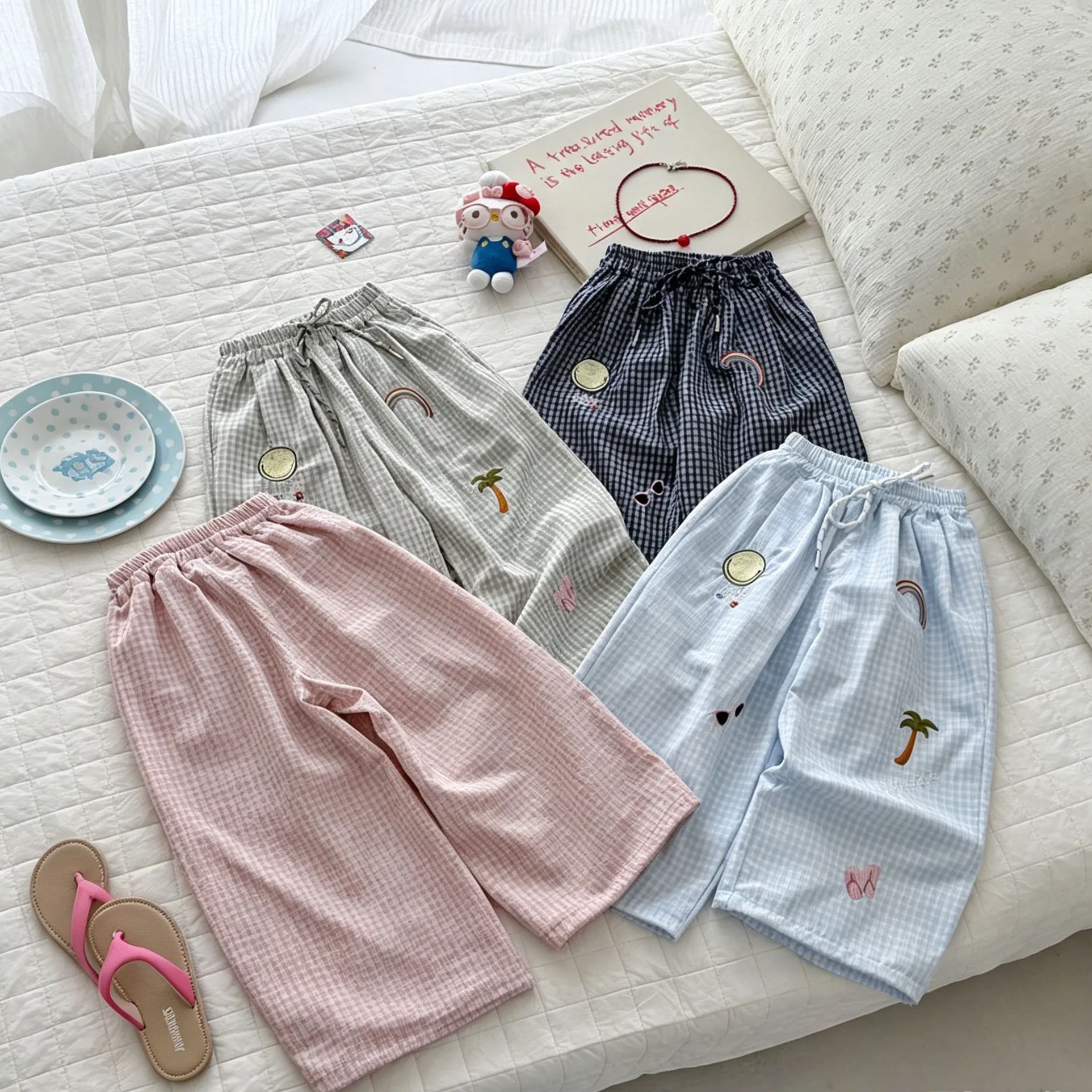 Kids Checkered Beach Style Embroidery Pattern Pants