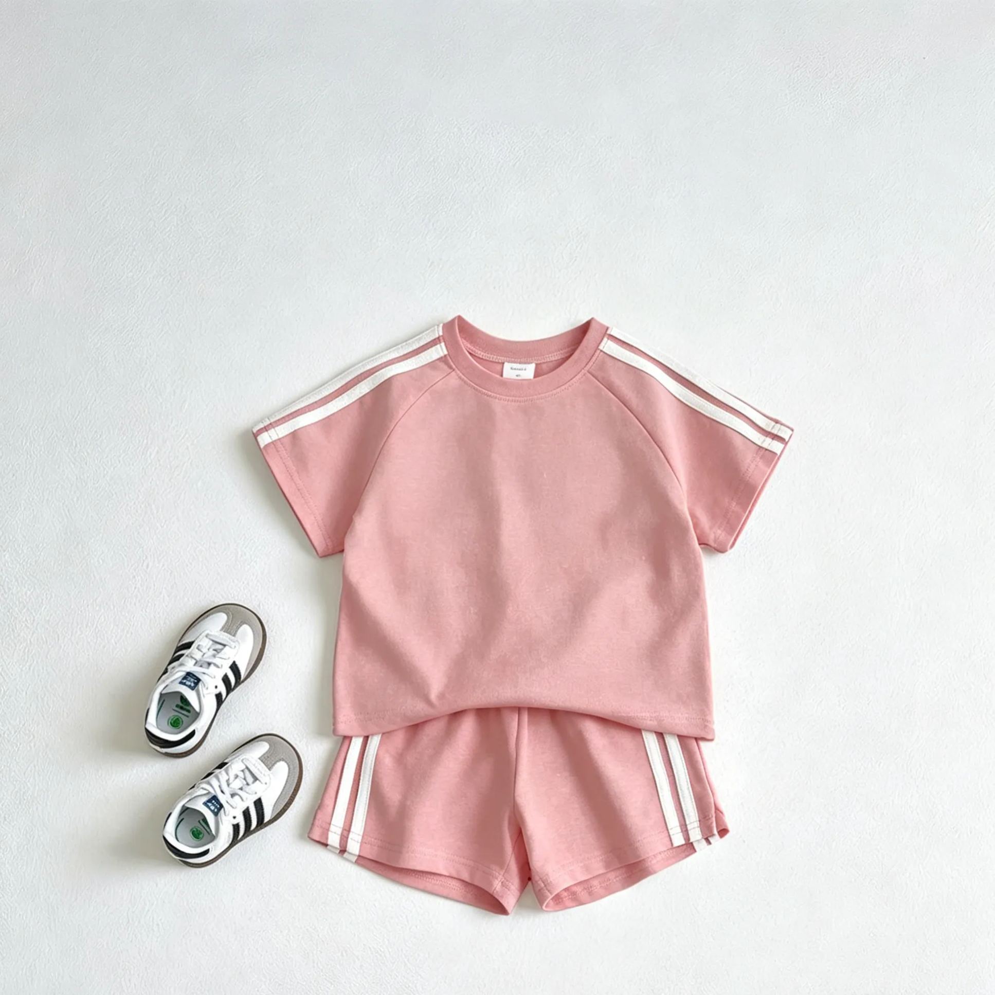 Kids Solid Color Stripe Sports Top and Short Pants Set
