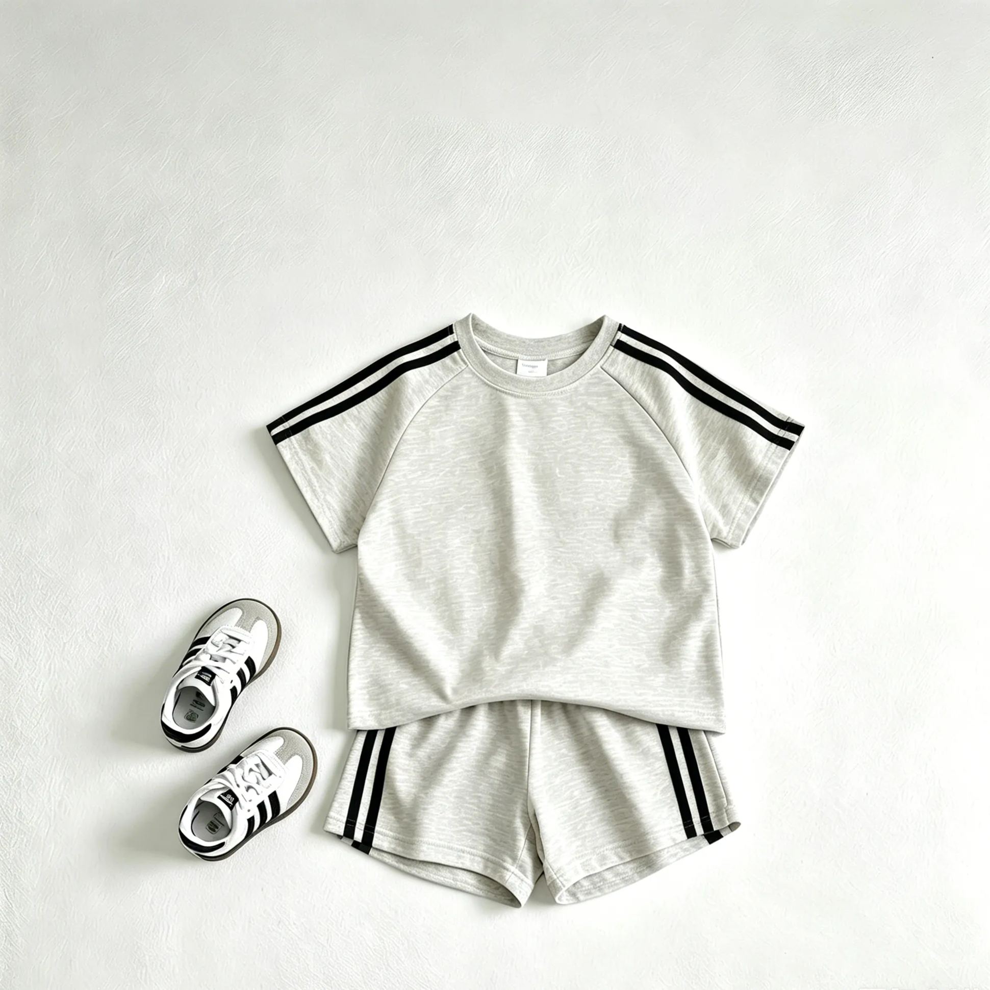 Kids Solid Color Stripe Sports Top and Short Pants Set