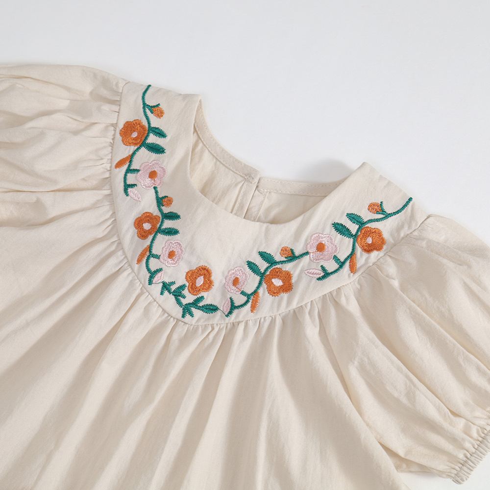 Kids Embroidered floral puff sleeves Top and Brown Shorts Set