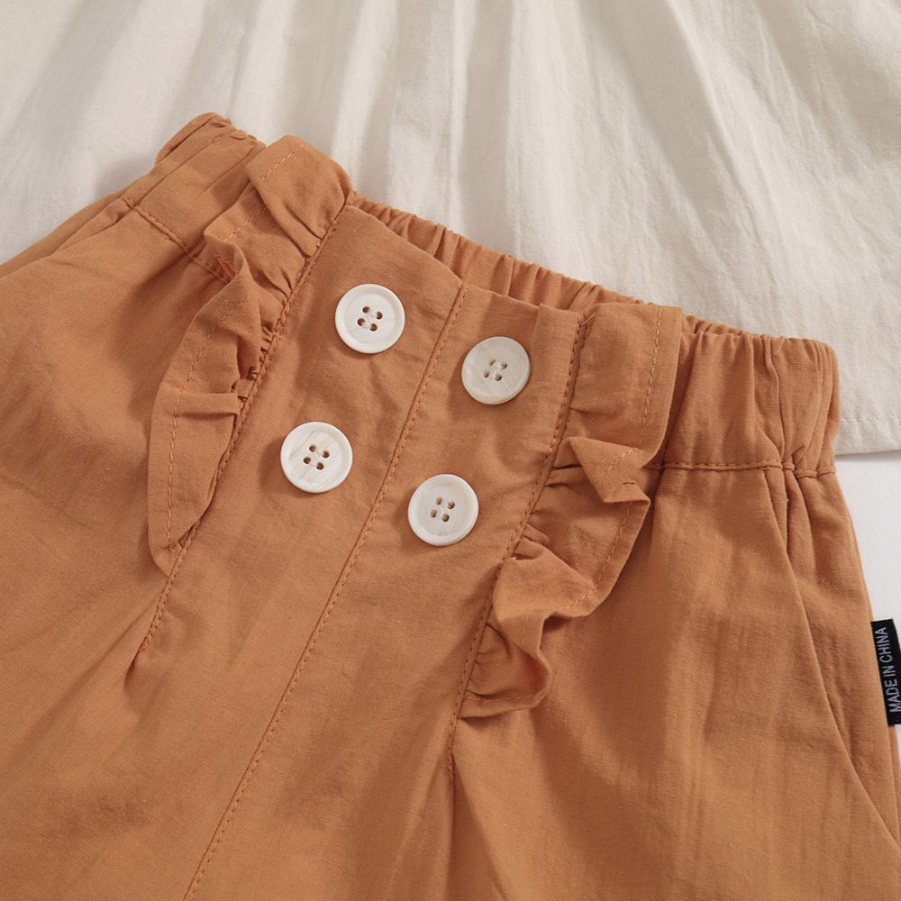 Kids Embroidered floral puff sleeves Top and Brown Shorts Set