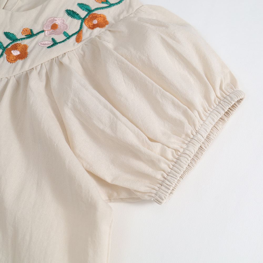 Kids Embroidered floral puff sleeves Top and Brown Shorts Set
