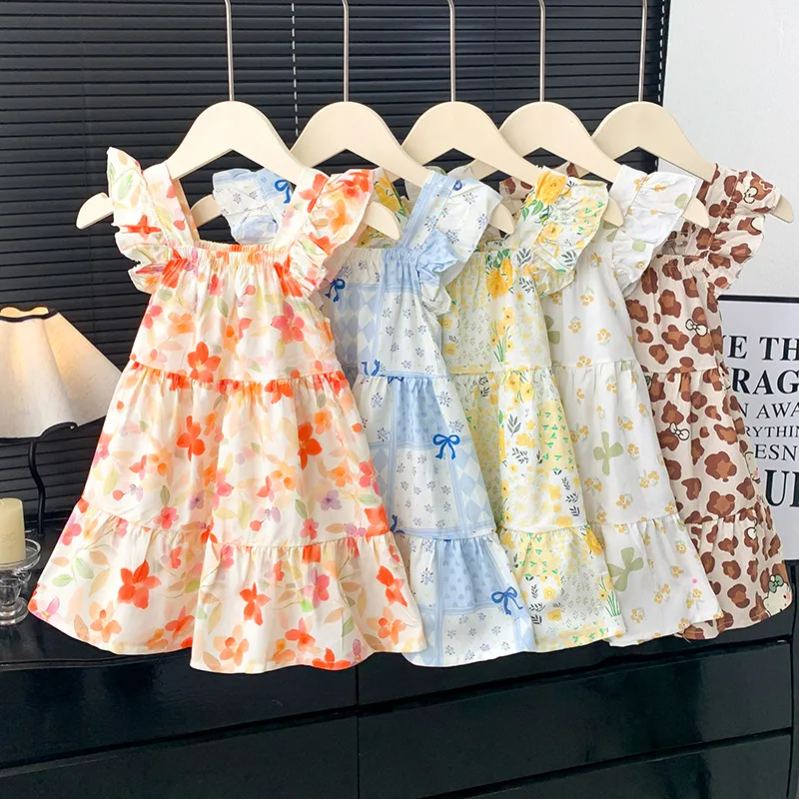 Baby& Kid Vest Flying Sleeves Floral Leopard Print Dress