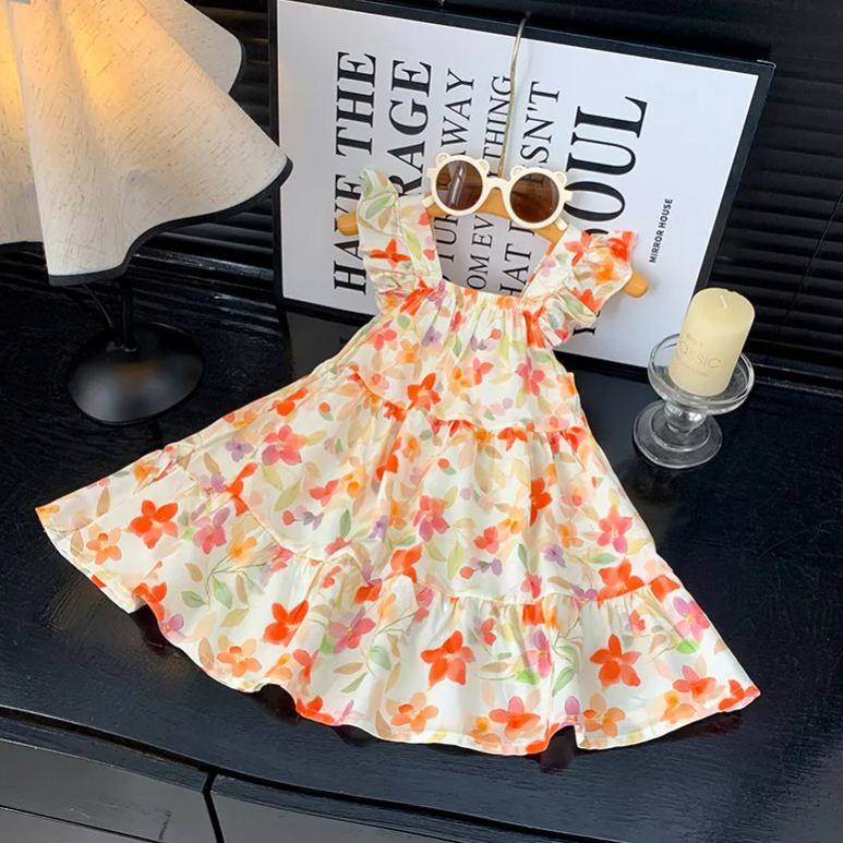 Baby& Kid Vest Flying Sleeves Floral Leopard Print Dress