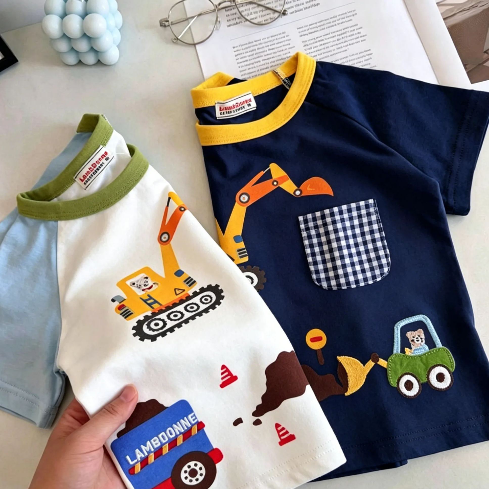Kids Contrasting Colors Excavator Plaid Pocket T-shirt
