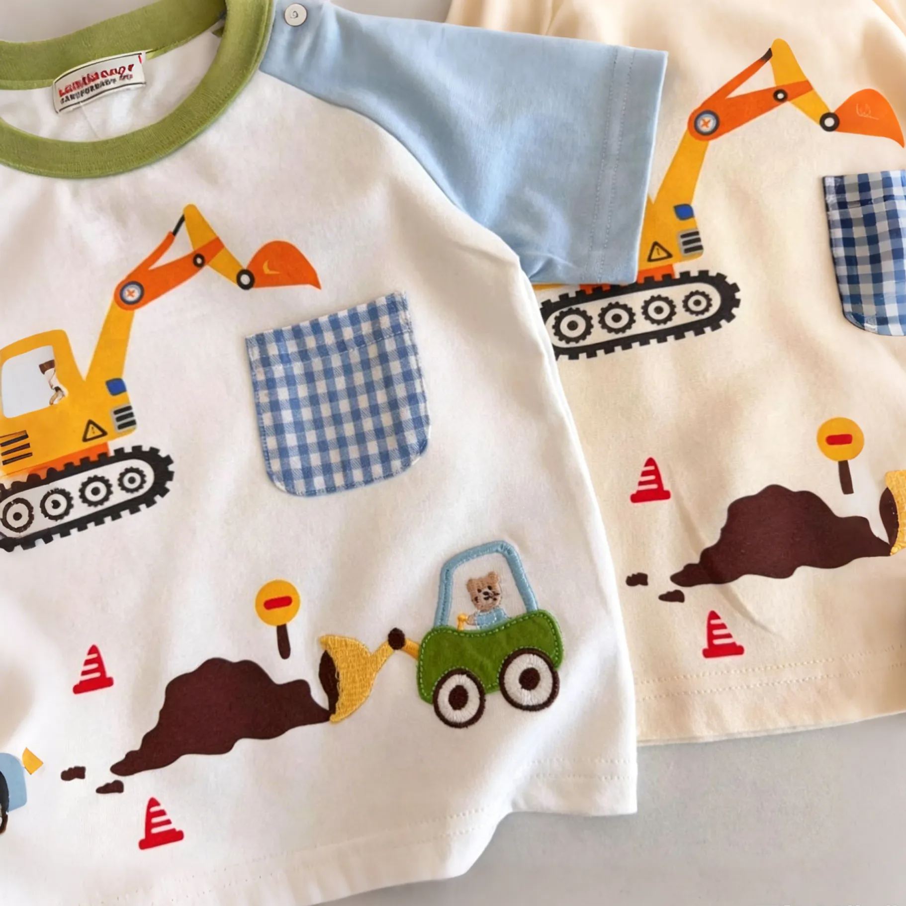 Kids Contrasting Colors Excavator Plaid Pocket T-shirt