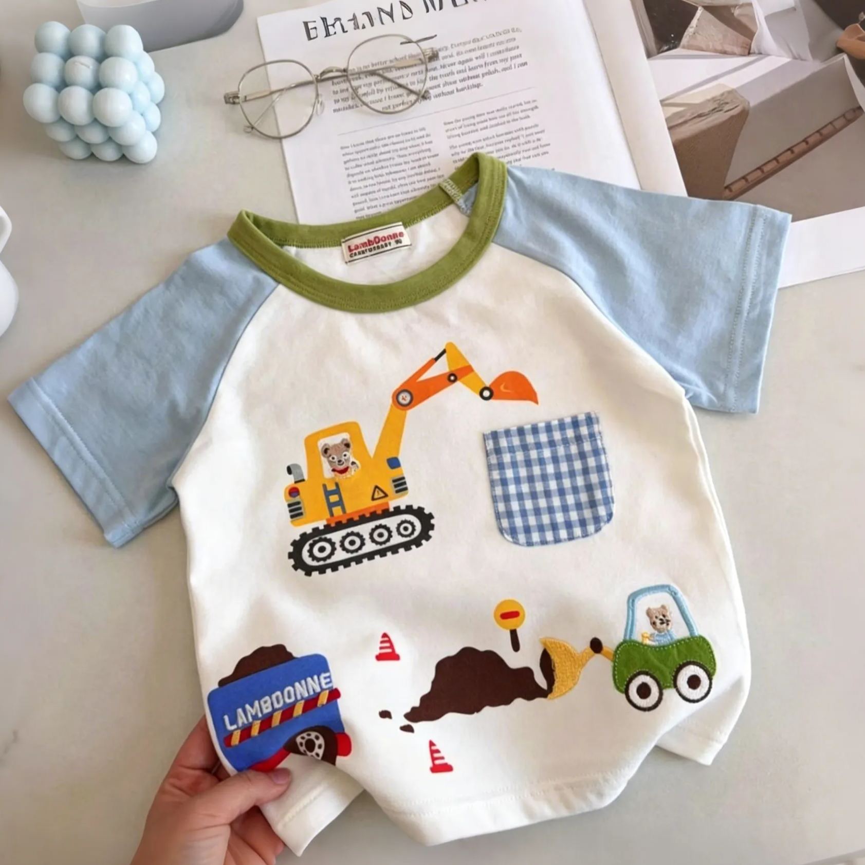 Kids Contrasting Colors Excavator Plaid Pocket T-shirt