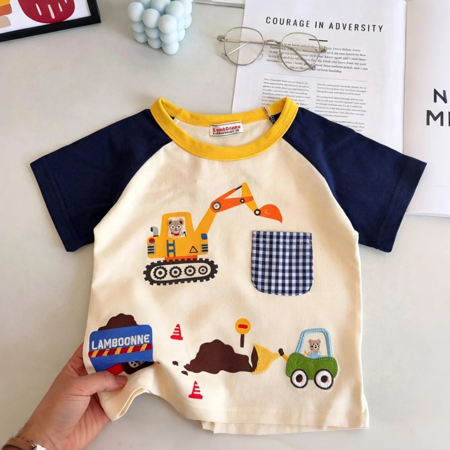 Kids Contrasting Colors Excavator Plaid Pocket T-shirt