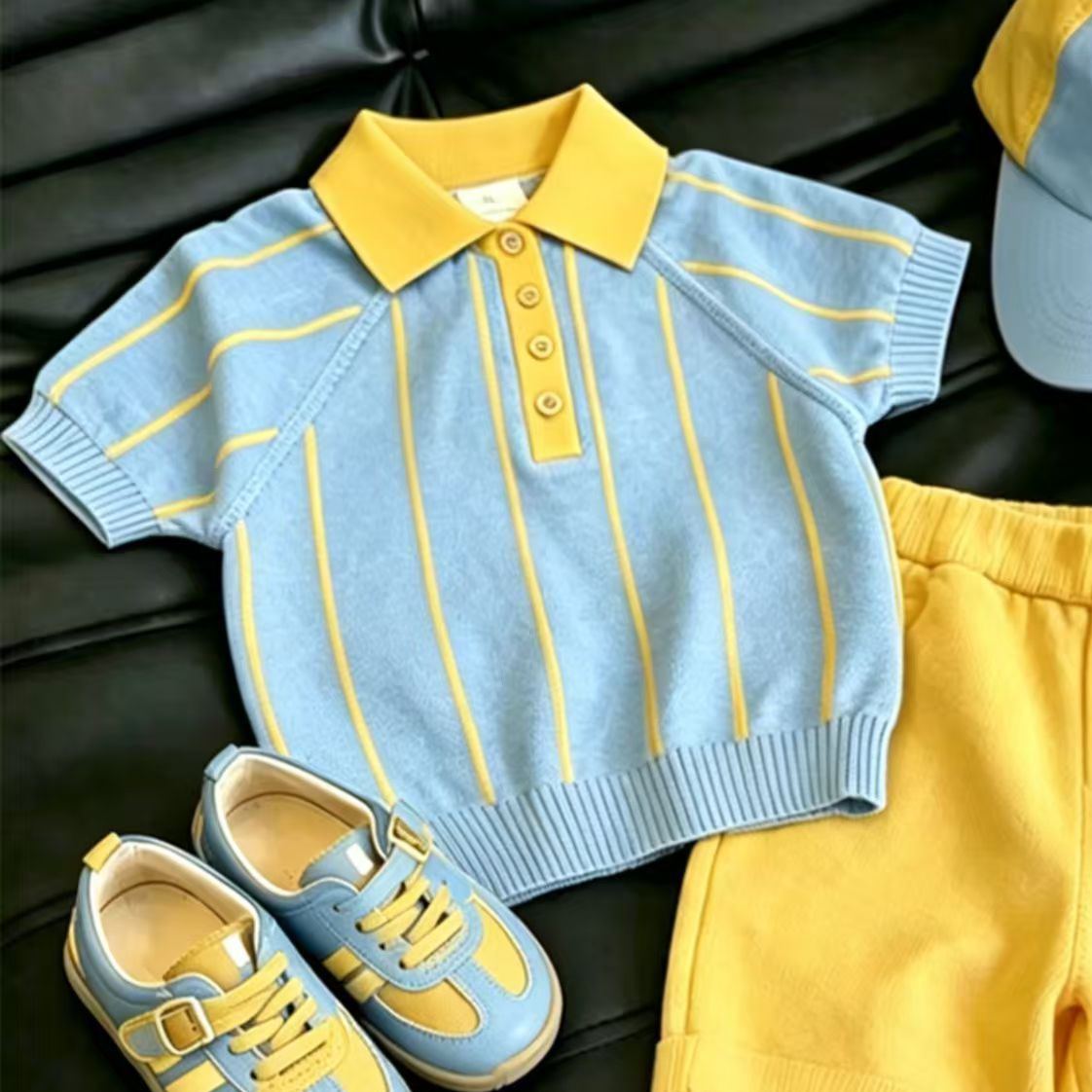 Kids Blue stripes Polo T-shirt and Yellow Short Pants Set
