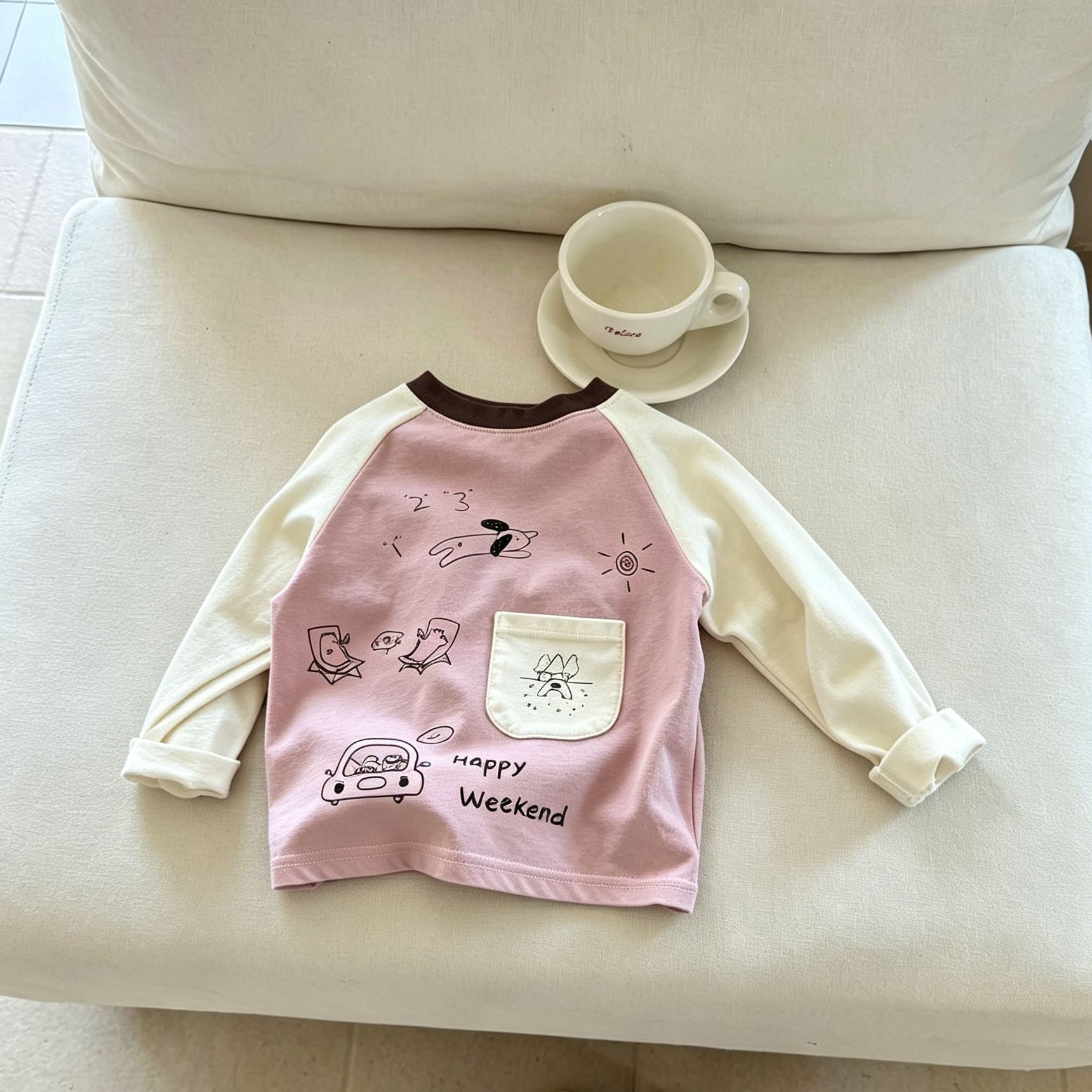 Kids Contrasting Colors Cartoon Print Long Sleeve Pocket T-shirt