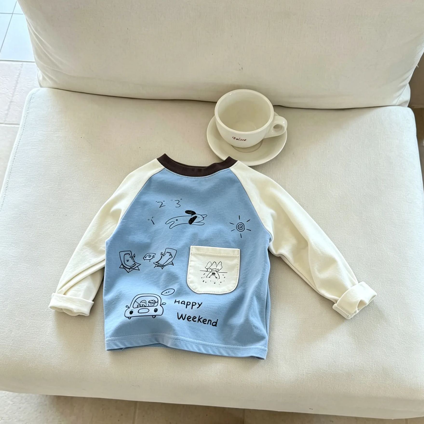 Kids Contrasting Colors Cartoon Print Long Sleeve Pocket T-shirt